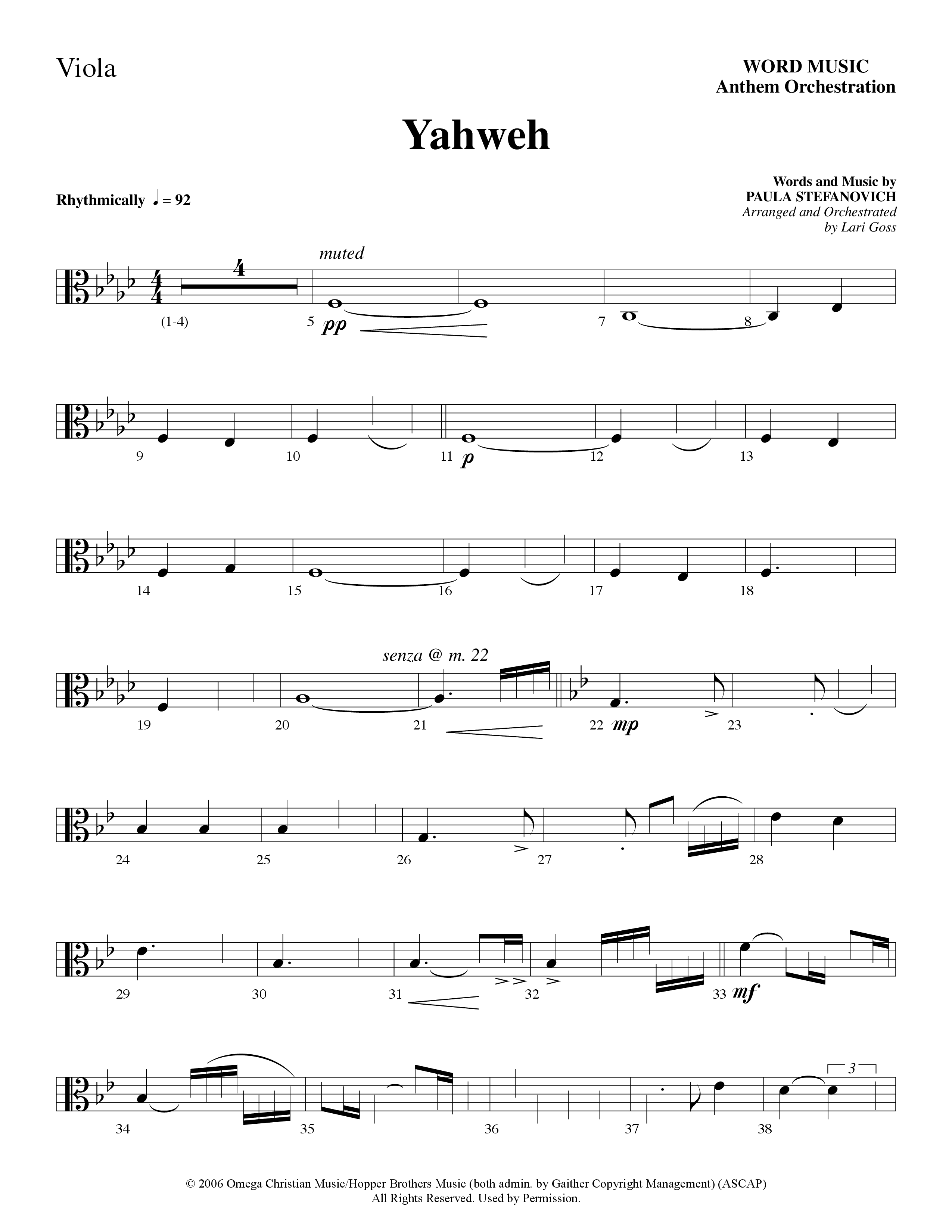 Yahweh (Choral Anthem SATB) Viola (Word Music Choral / Arr. Lari Goss)