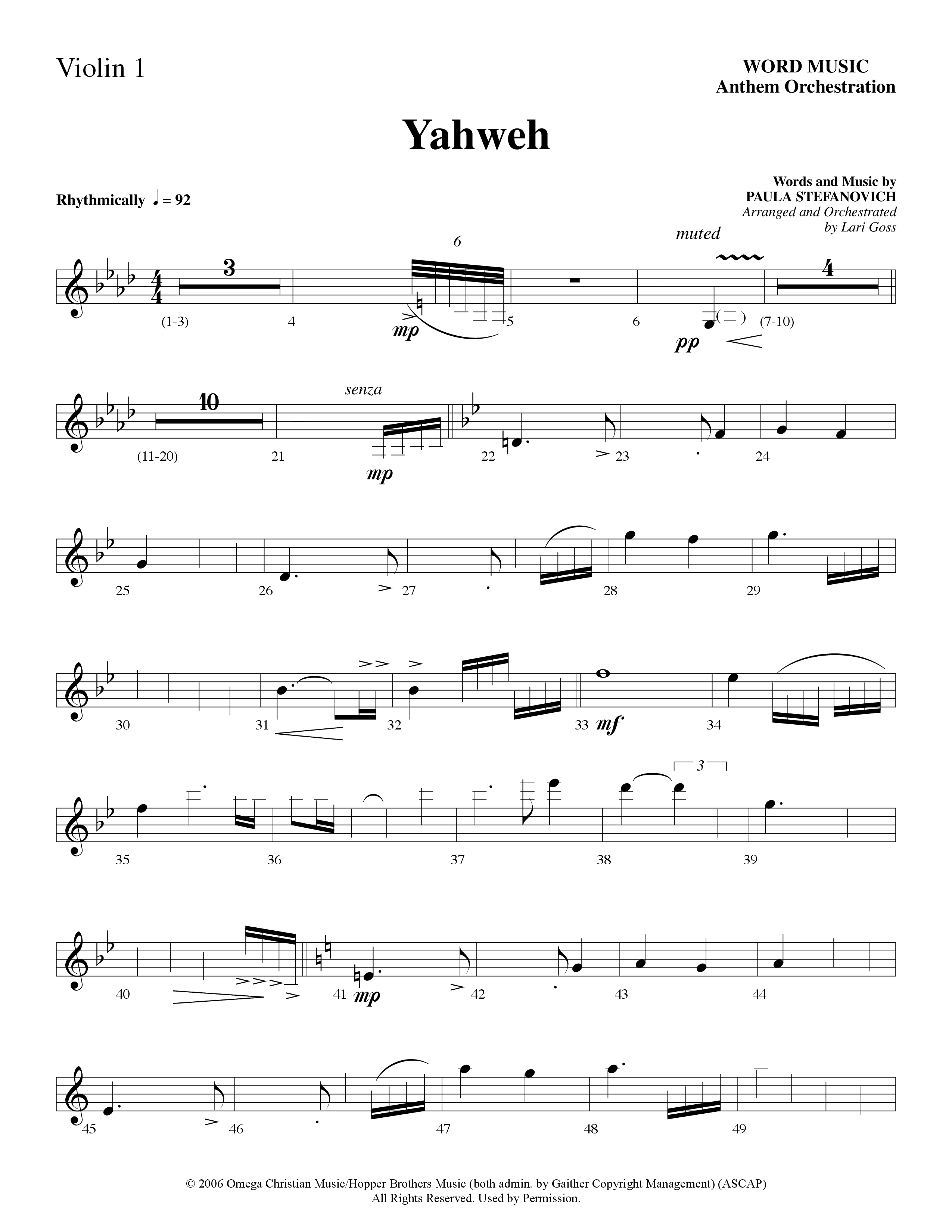 Yahweh (Choral Anthem SATB) Violin 1 (Word Music Choral / Arr. Lari Goss)