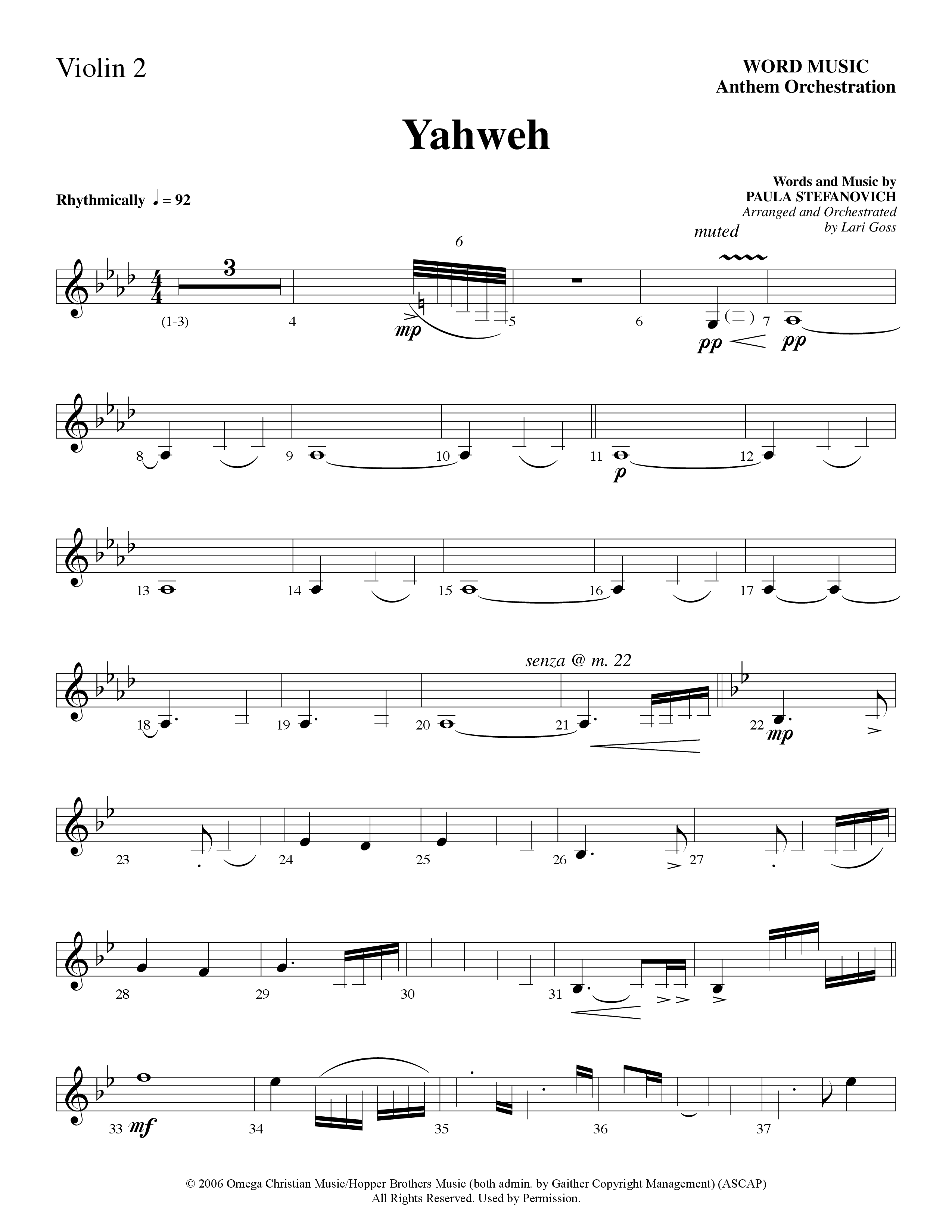 Yahweh (Choral Anthem SATB) Violin 2 (Word Music Choral / Arr. Lari Goss)