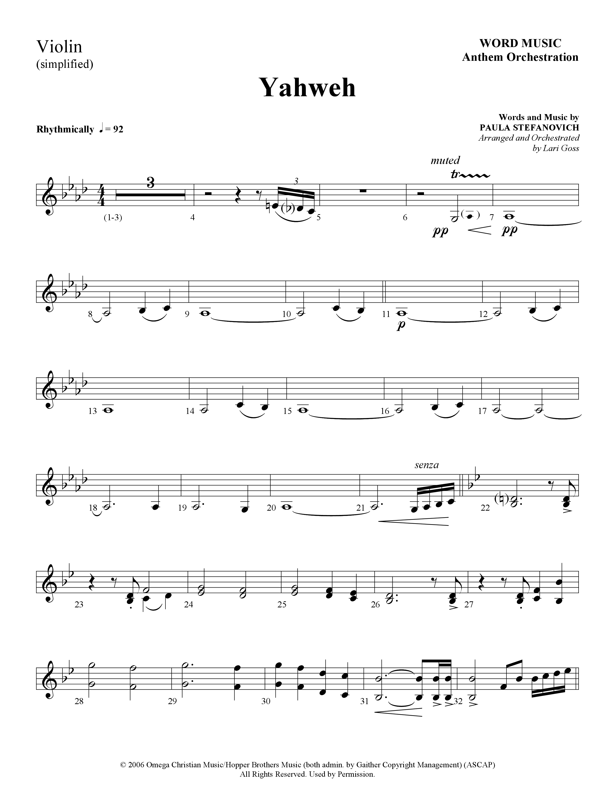 Yahweh (Choral Anthem SATB) Violins (Word Music Choral / Arr. Lari Goss)