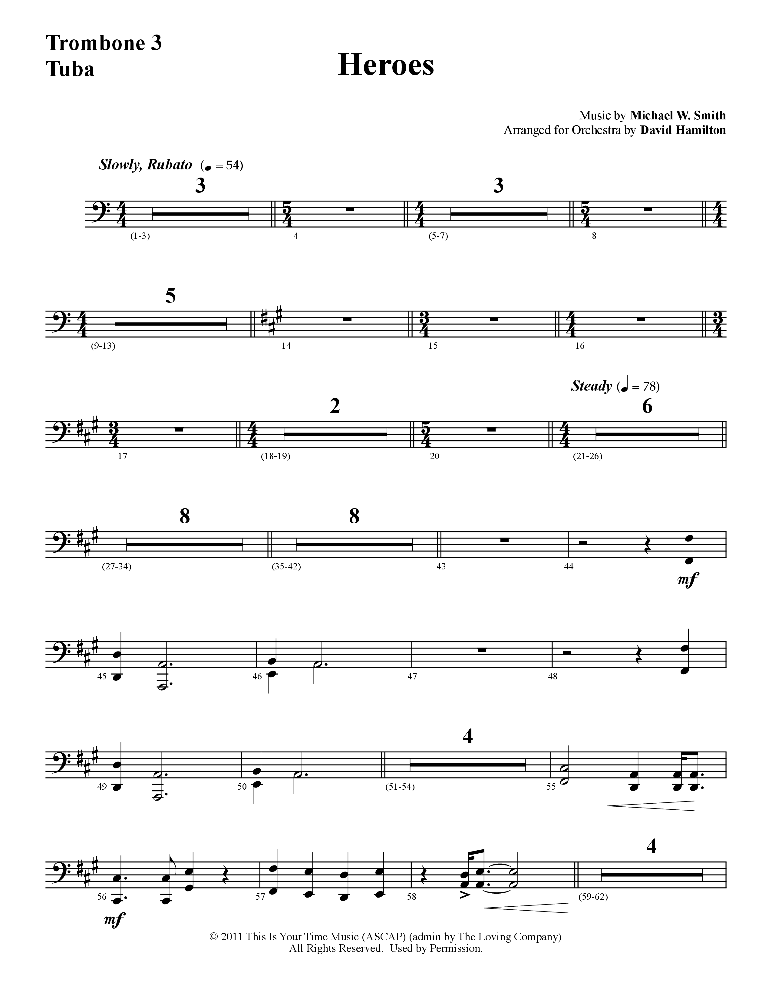 Heroes (Instrumental) Trombone 3/Tuba (Word Music / Arr. David Hamilton)