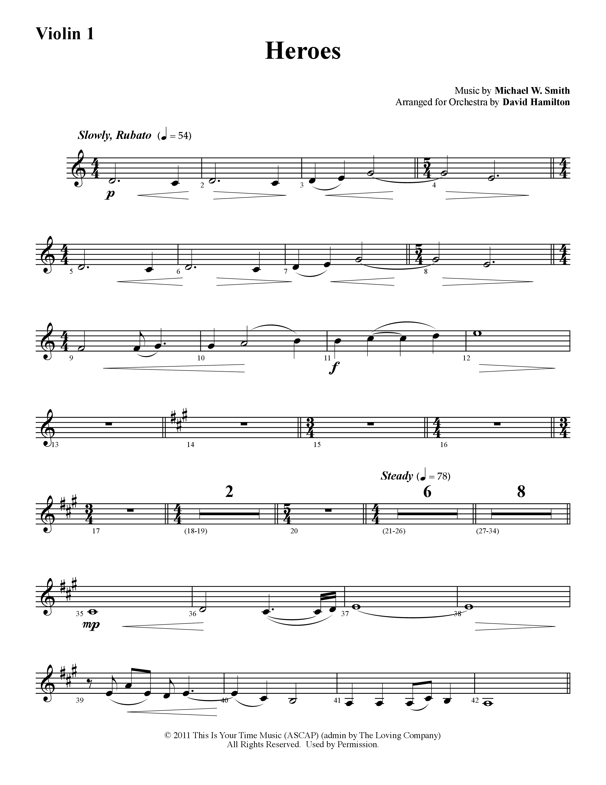 Heroes (Instrumental) Violin 1 (Word Music / Arr. David Hamilton)