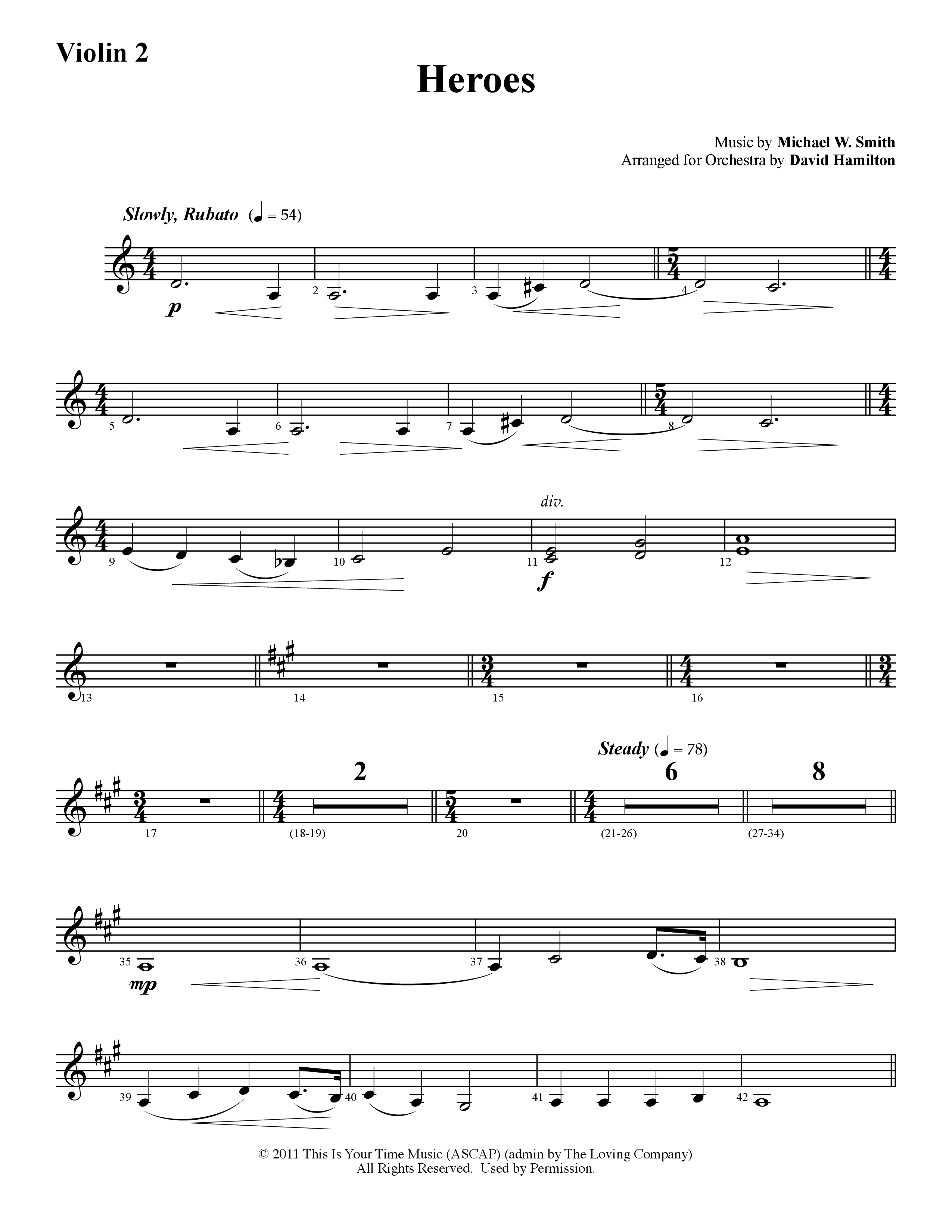 Heroes (Instrumental) Violin 2 (Word Music / Arr. David Hamilton)