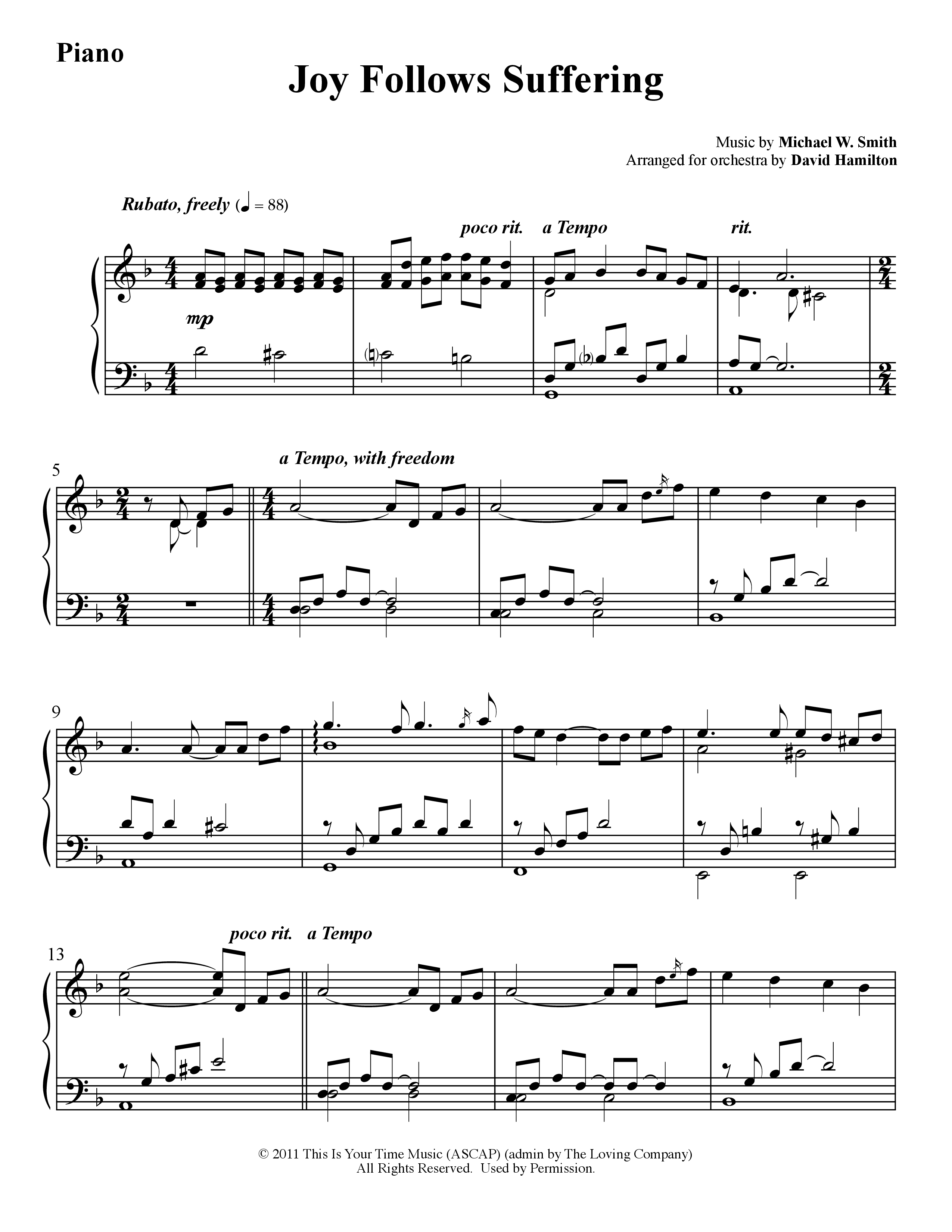 Joy Follows Suffering (Instrumental) Piano Sheet (Word Music / Arr. David Hamilton)
