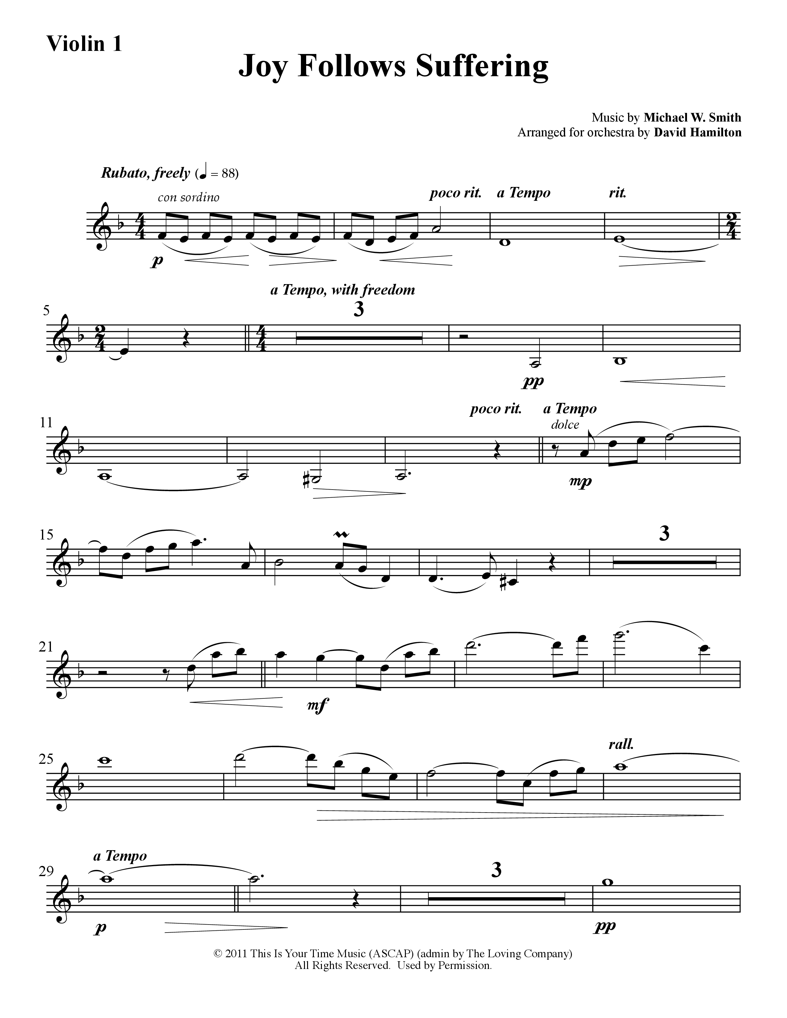 Joy Follows Suffering (Instrumental) Violin 1 (Word Music / Arr. David Hamilton)
