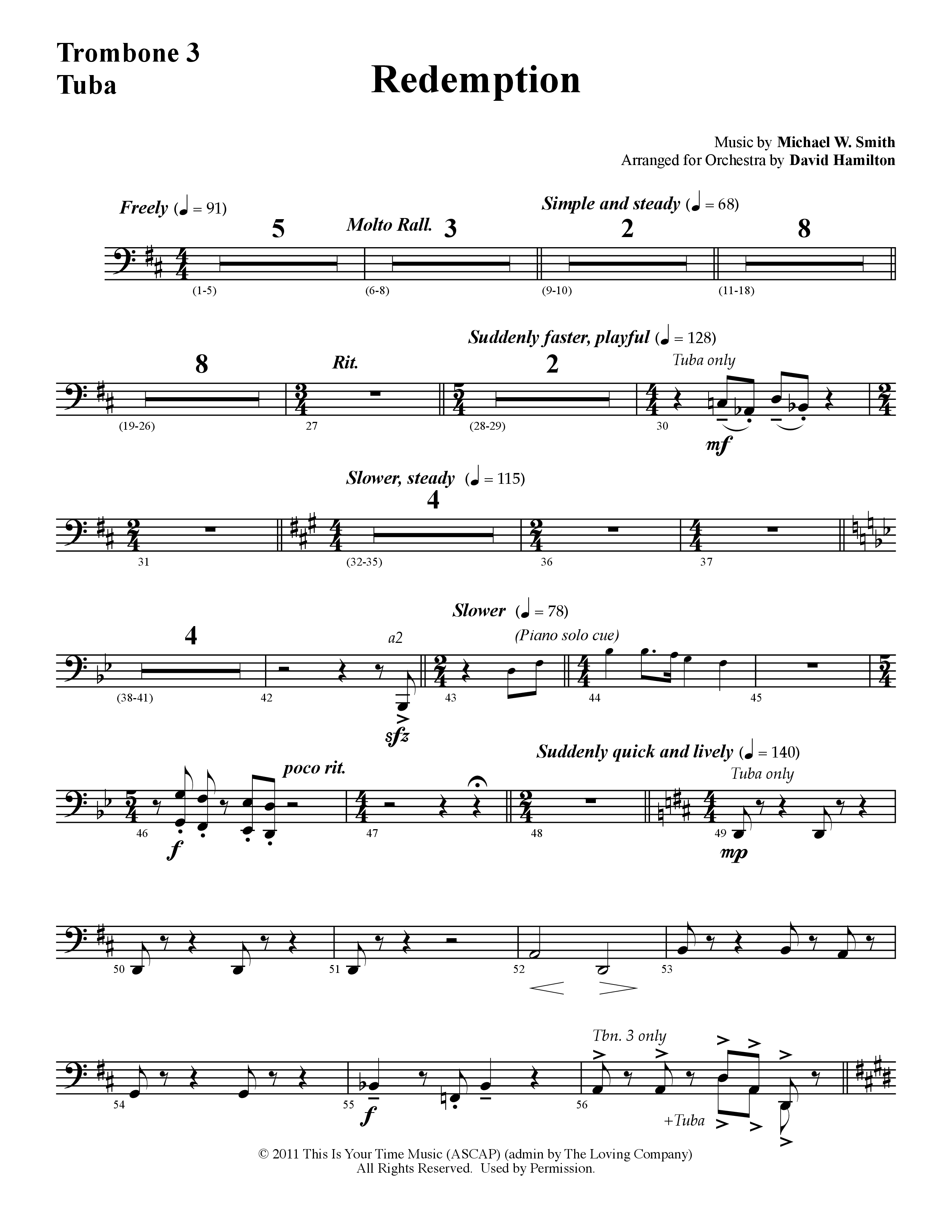 Redemption (Instrumental) Trombone 3/Tuba (Word Music / Arr. David Hamilton)
