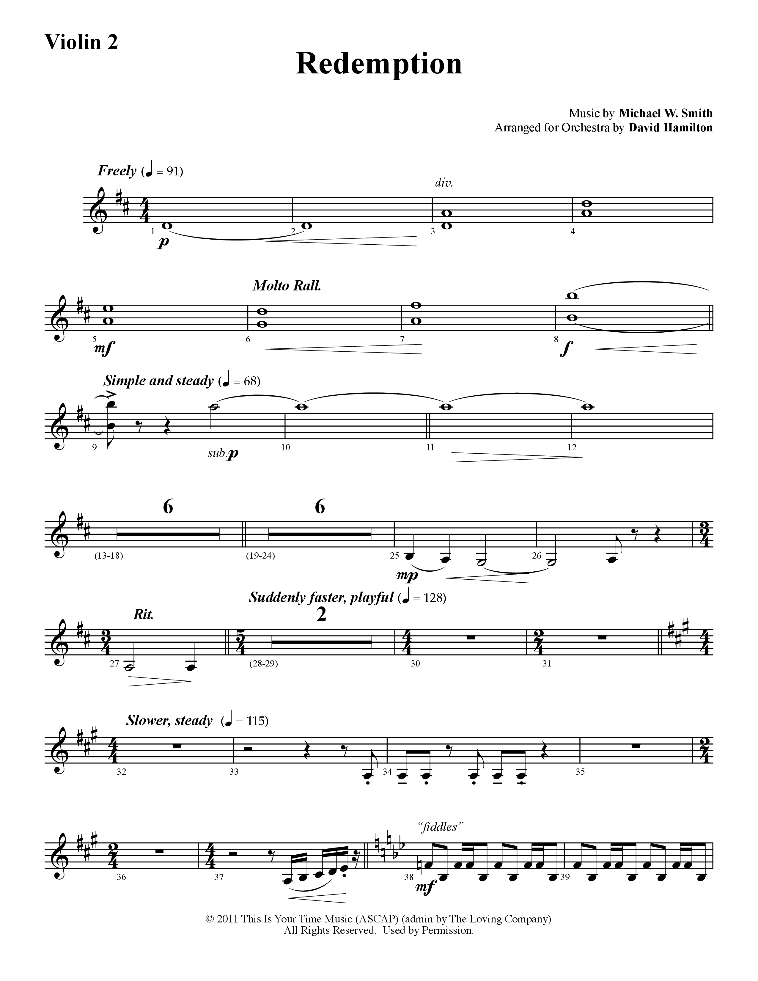 Redemption (Instrumental) Violin 2 (Word Music / Arr. David Hamilton)
