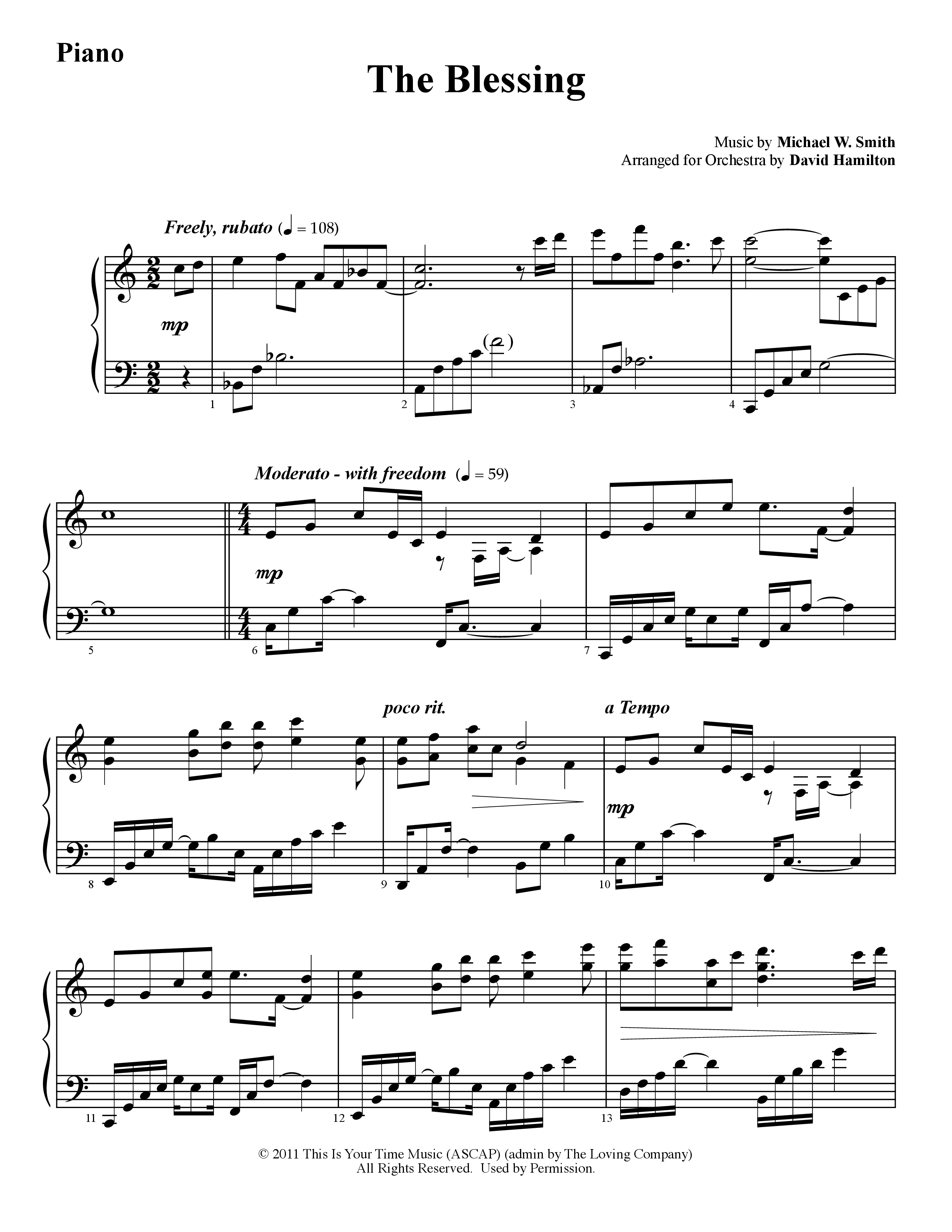 The Blessing (Instrumental) Piano Sheet (Word Music / Arr. David Hamilton)
