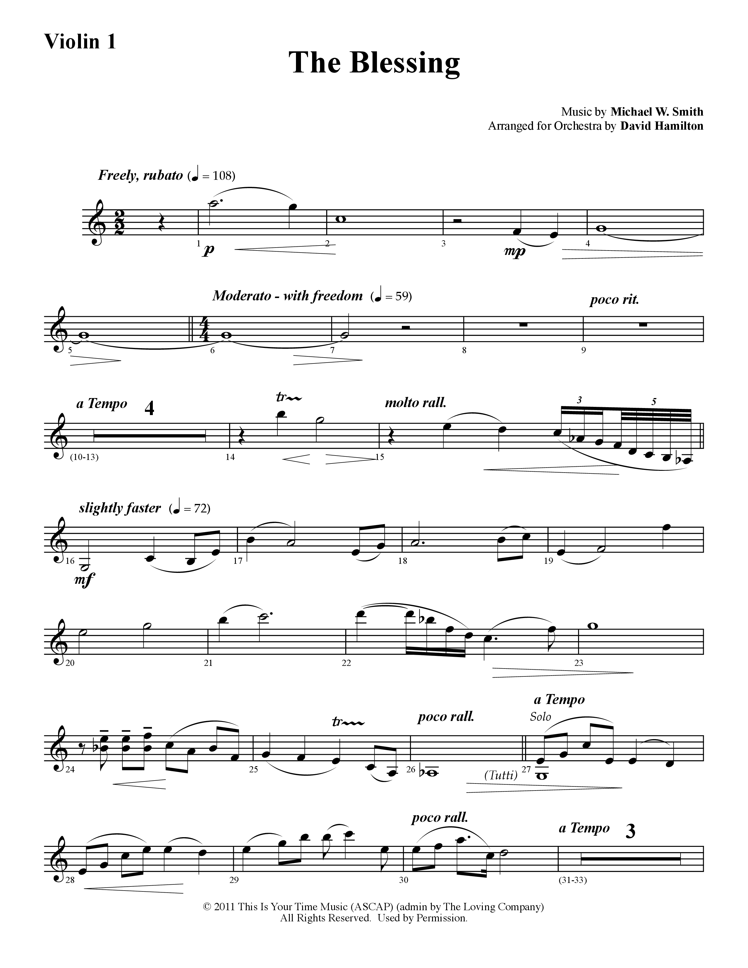 The Blessing (Instrumental) Violin 1 (Word Music / Arr. David Hamilton)