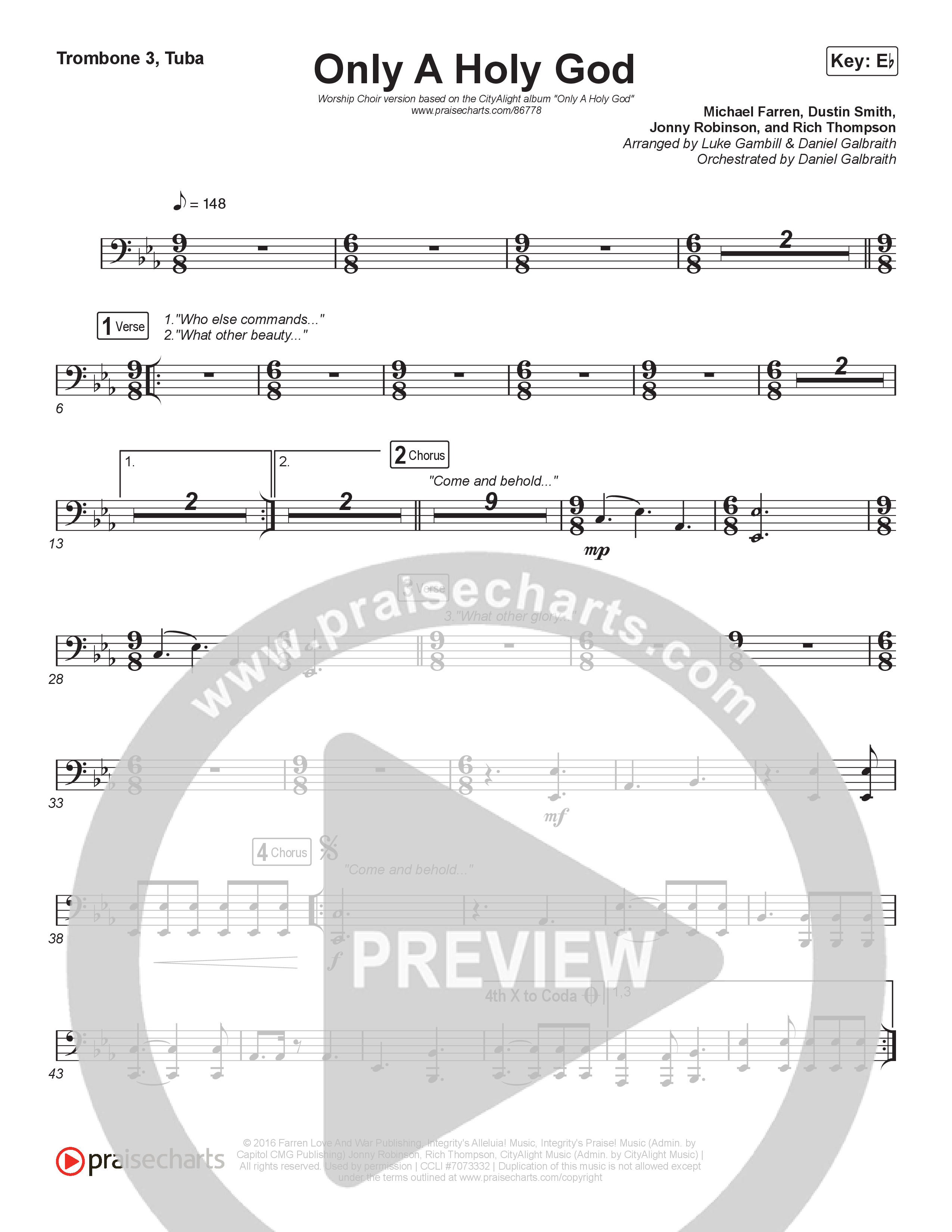 Only A Holy God (Worship Choir/SAB) Trombone 3/Tuba (CityAlight / Arr. Luke Gambill)