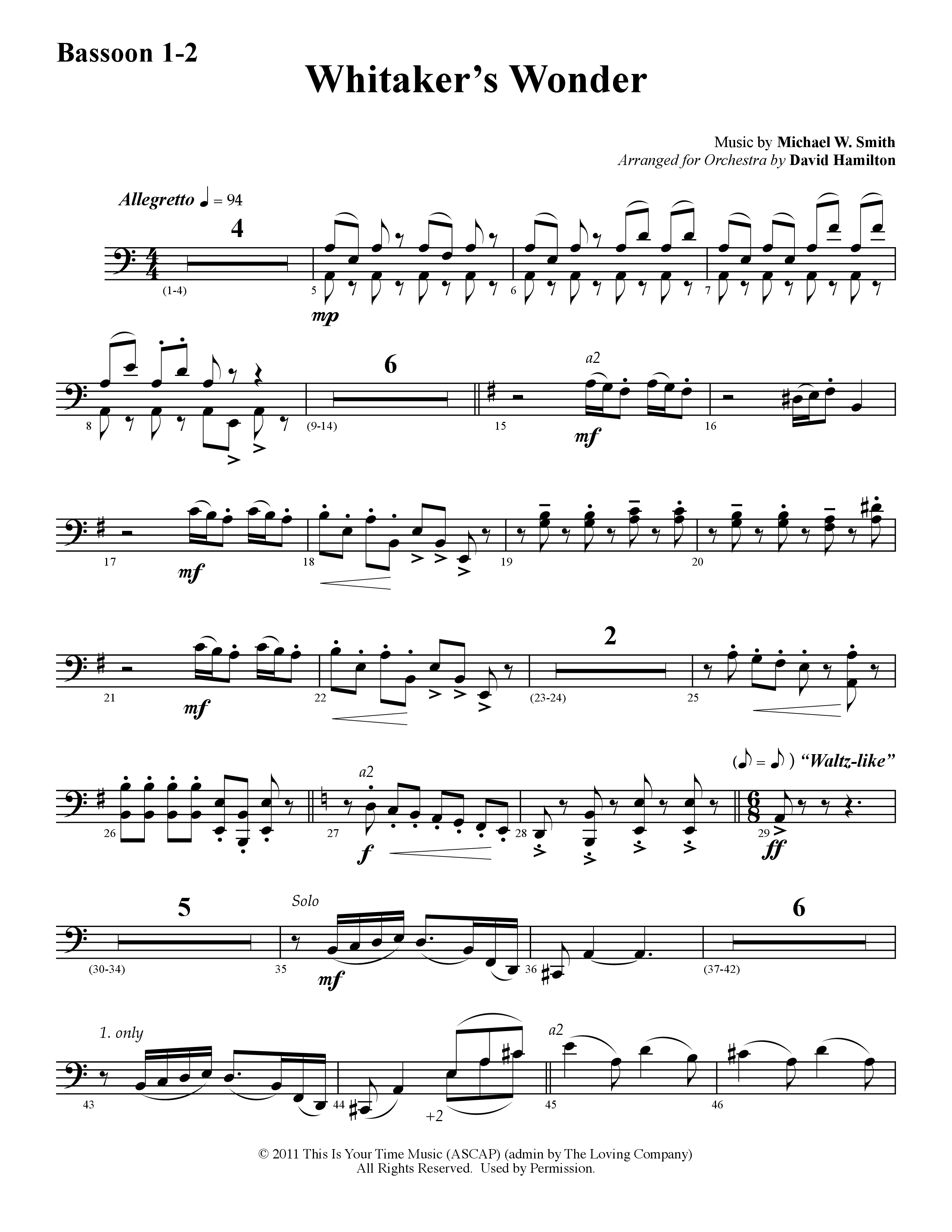 Whitaker's Wonder (Instrumental) Bassoon 1/2 (Word Music / Arr. David Hamilton)