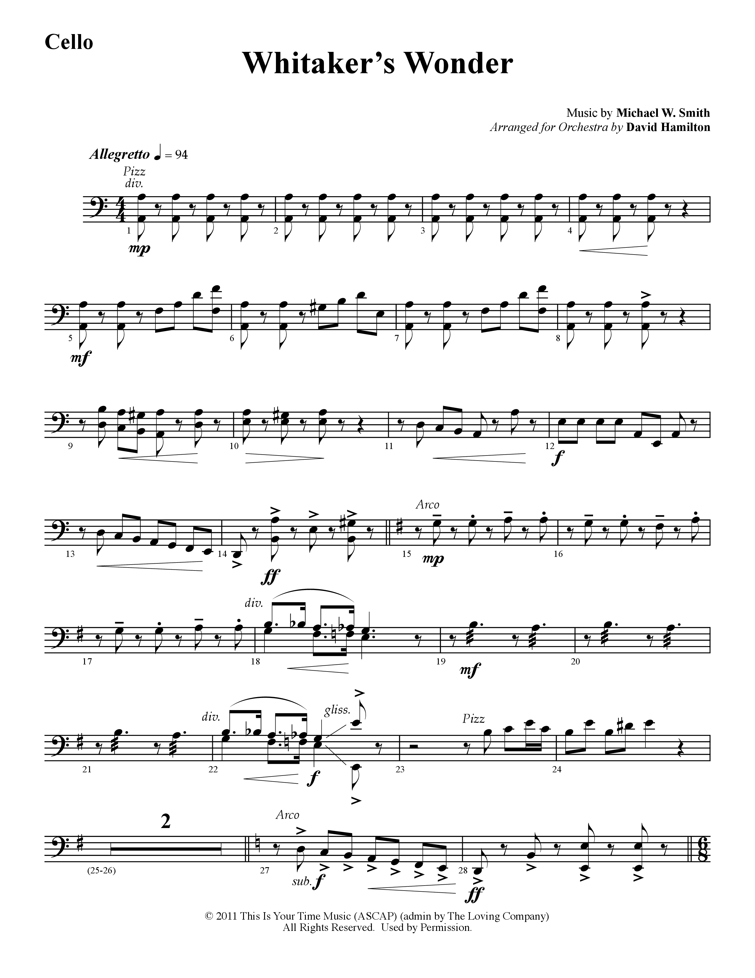 Whitaker's Wonder (Instrumental) Cello (Word Music / Arr. David Hamilton)