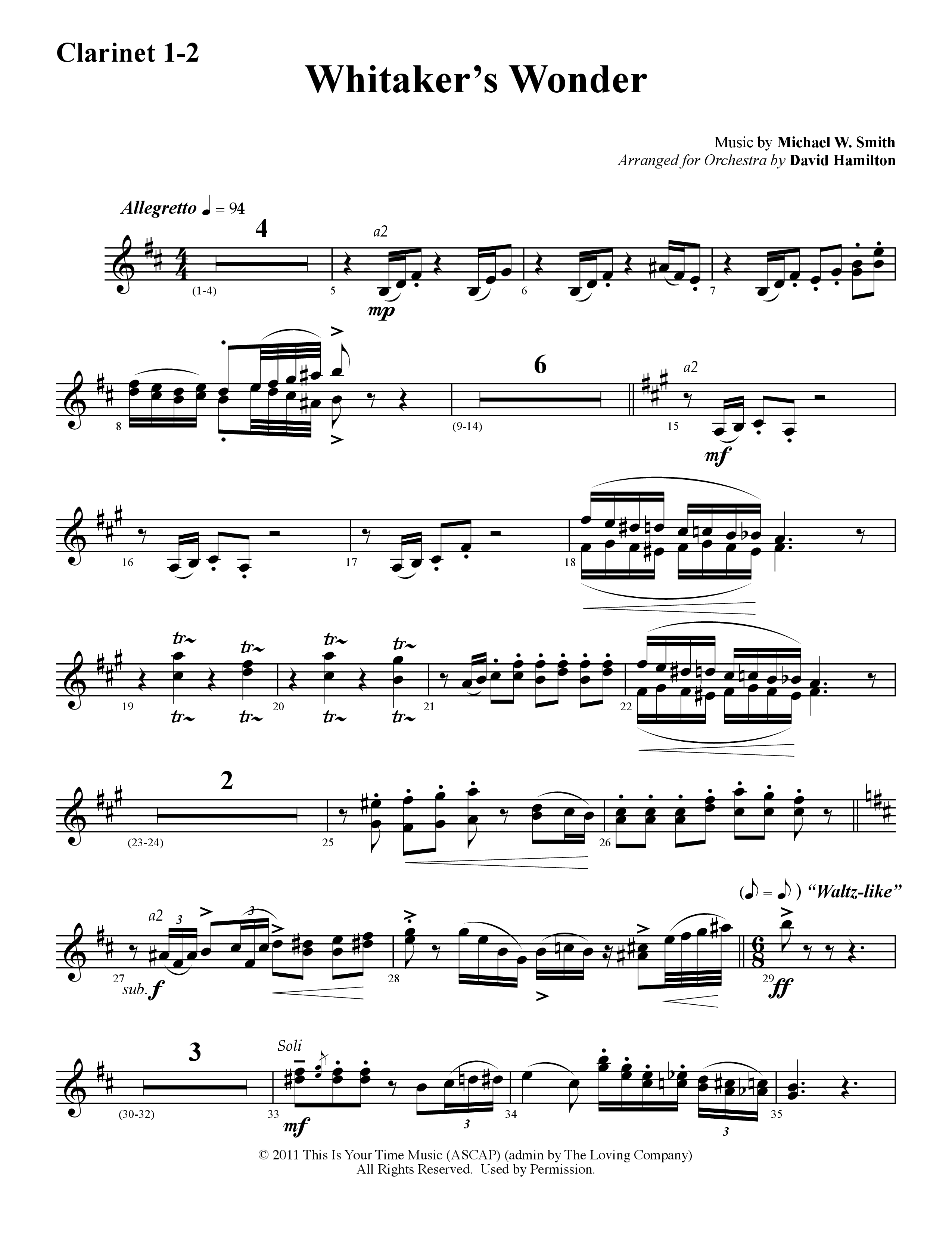 Whitaker's Wonder (Instrumental) Clarinet 1/2 (Word Music / Arr. David Hamilton)