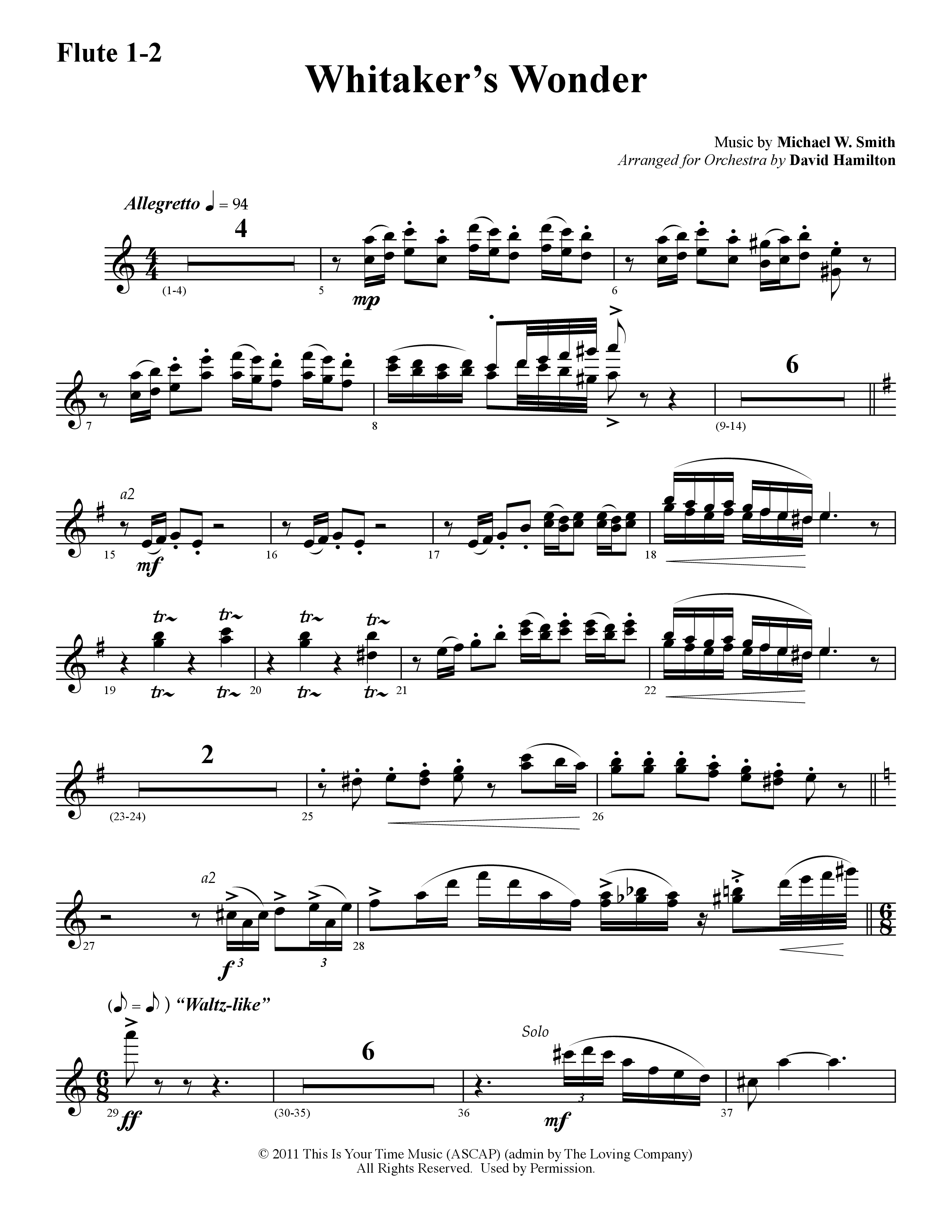 Whitaker's Wonder (Instrumental) Flute 1/2 (Word Music / Arr. David Hamilton)
