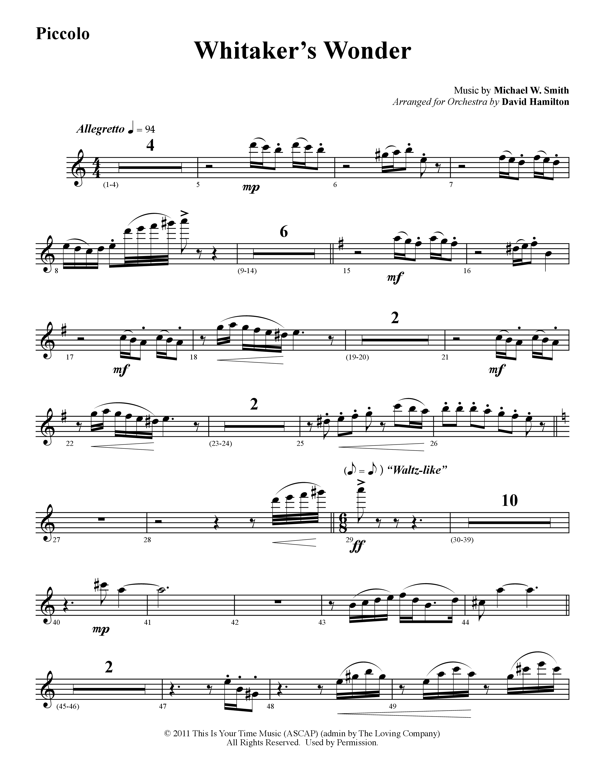 Whitaker's Wonder (Instrumental) Flute/Piccolo (Word Music / Arr. David Hamilton)