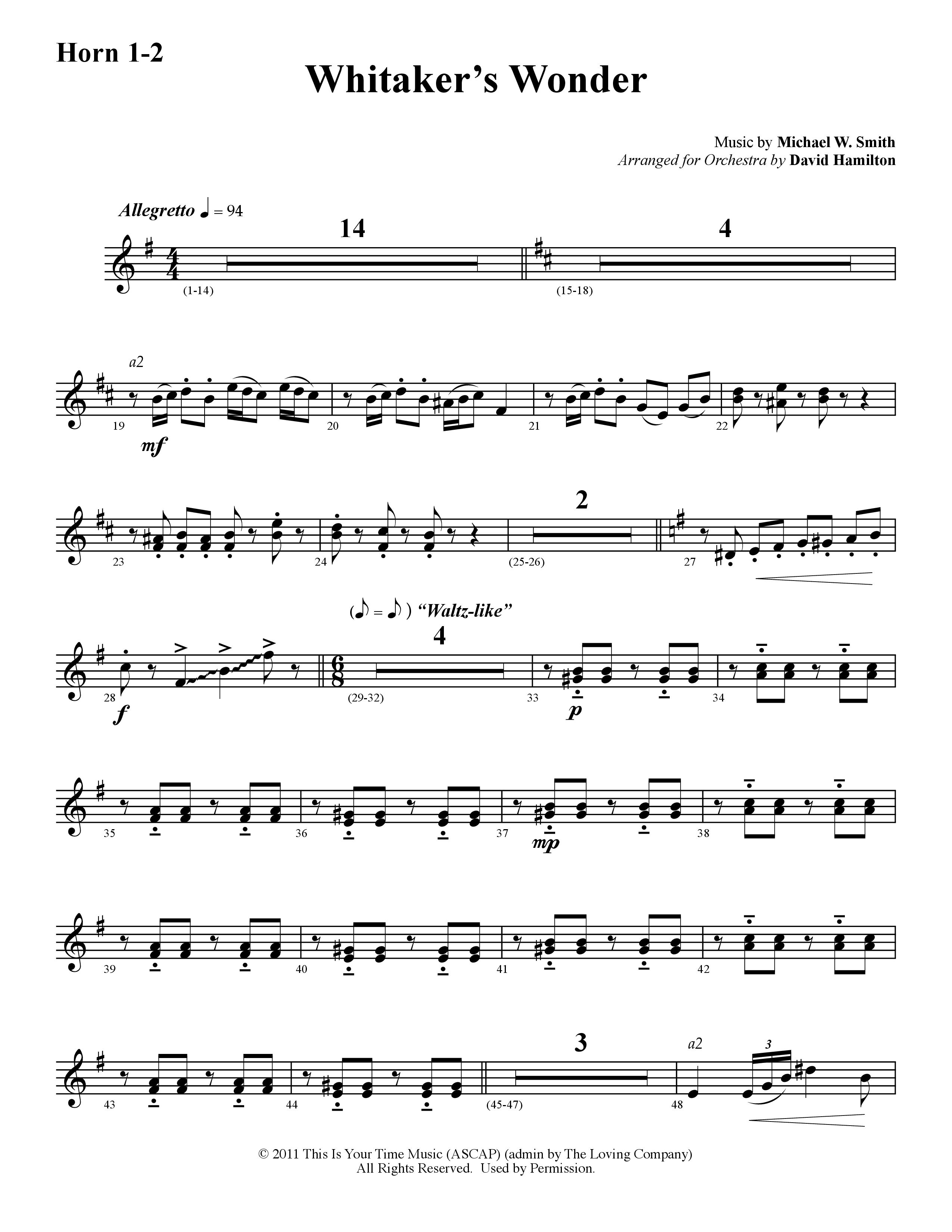 Whitaker's Wonder (Instrumental) French Horn 1/2 (Word Music / Arr. David Hamilton)
