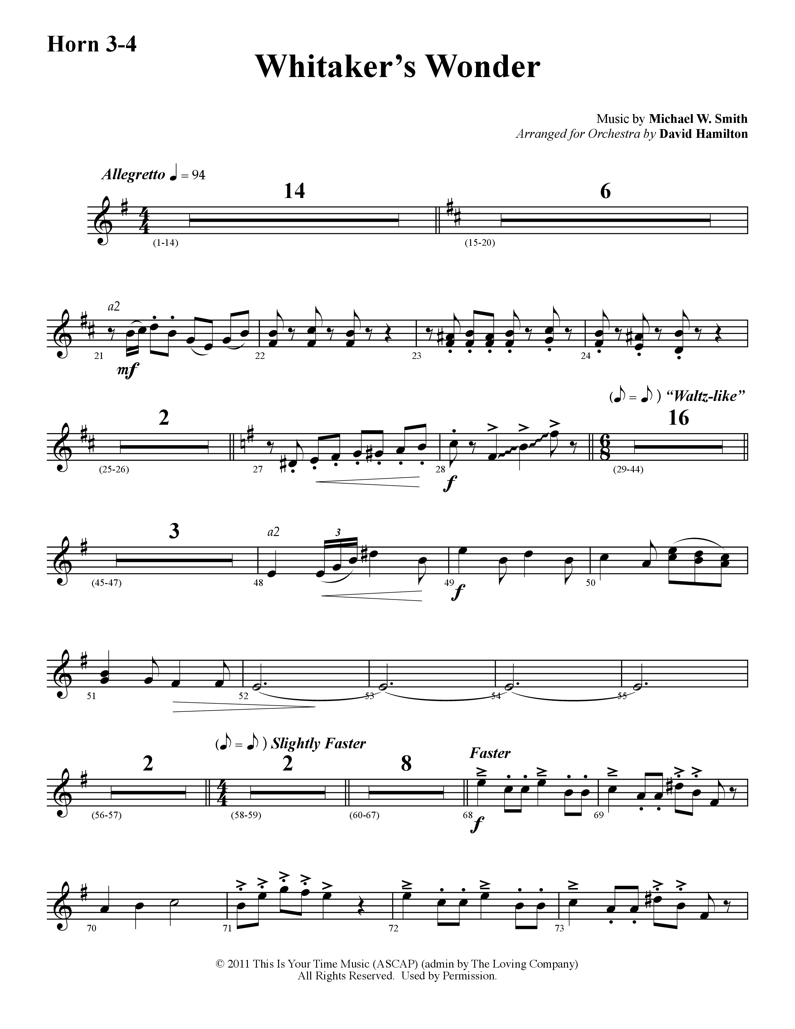 Whitaker's Wonder (Instrumental) French Horn 3 (Word Music / Arr. David Hamilton)