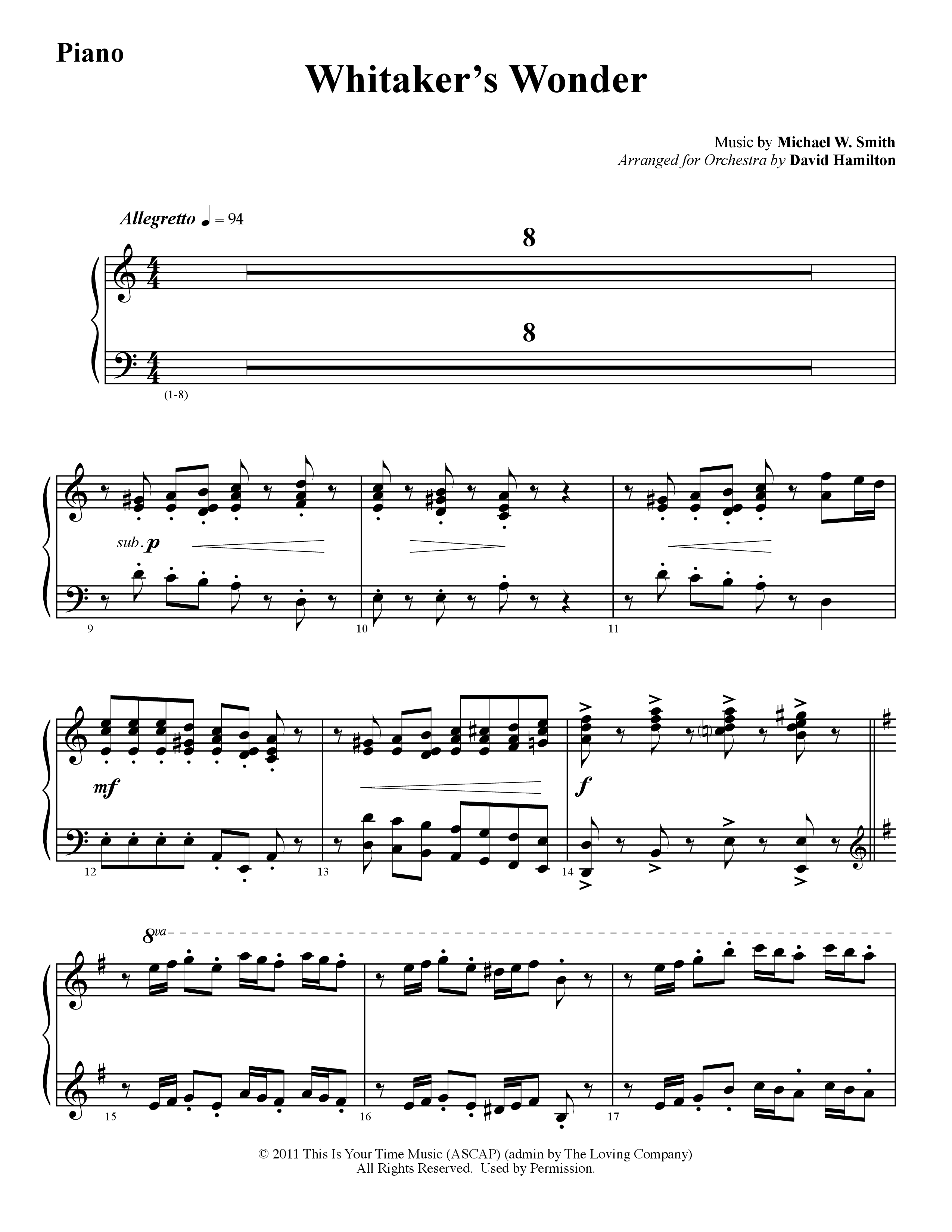 Whitaker's Wonder (Instrumental) Piano Sheet (Word Music / Arr. David Hamilton)