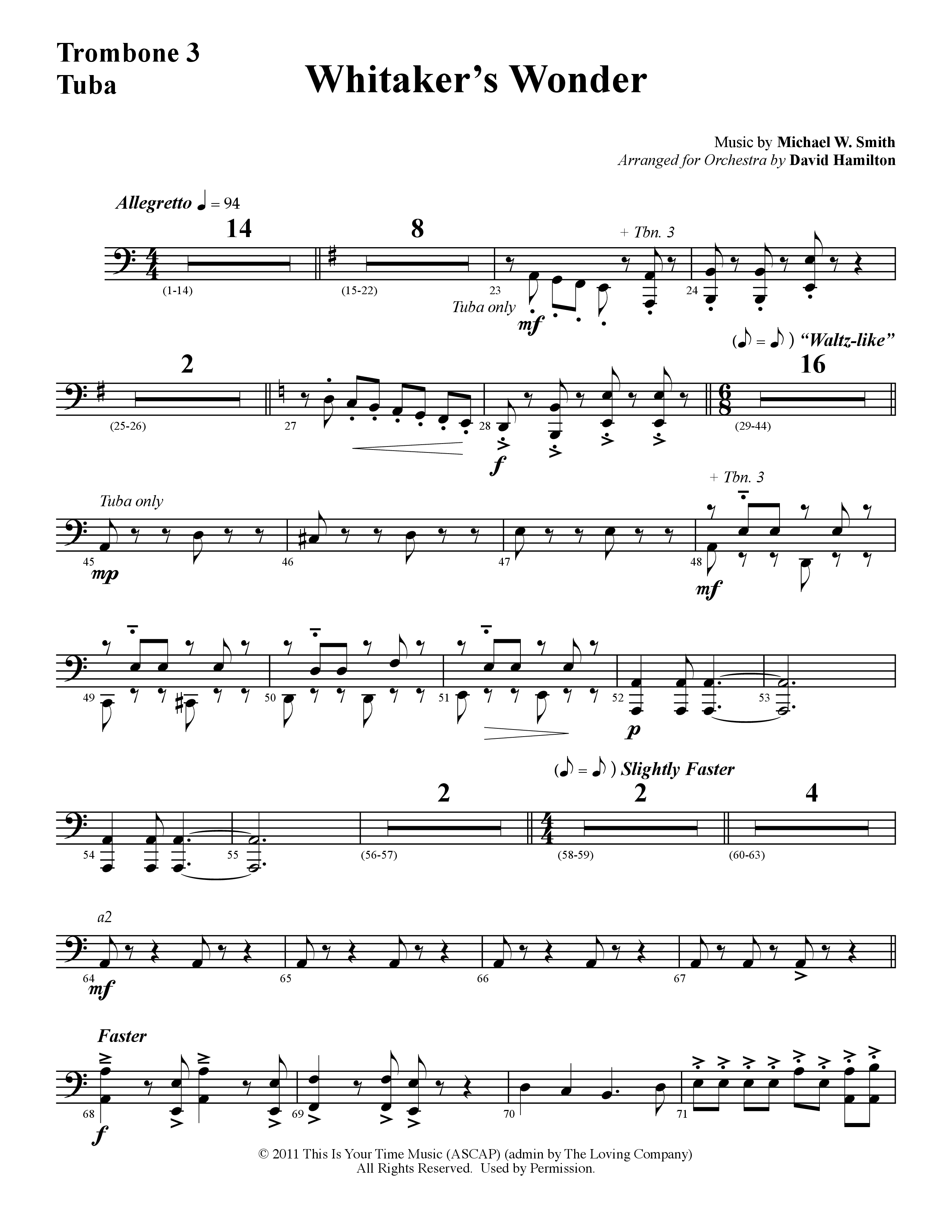 Whitaker's Wonder (Instrumental) Trombone 3/Tuba (Word Music / Arr. David Hamilton)
