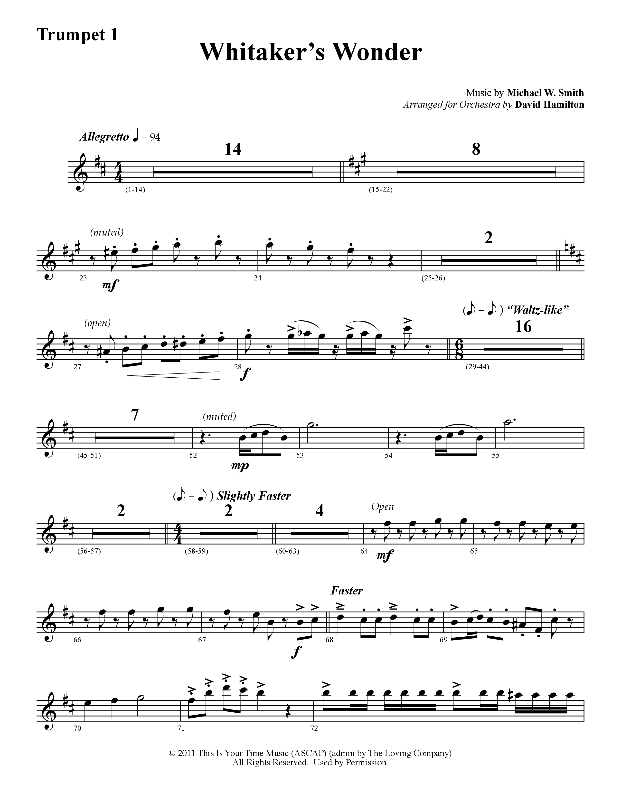 Whitaker's Wonder (Instrumental) Trumpet 1 (Word Music / Arr. David Hamilton)