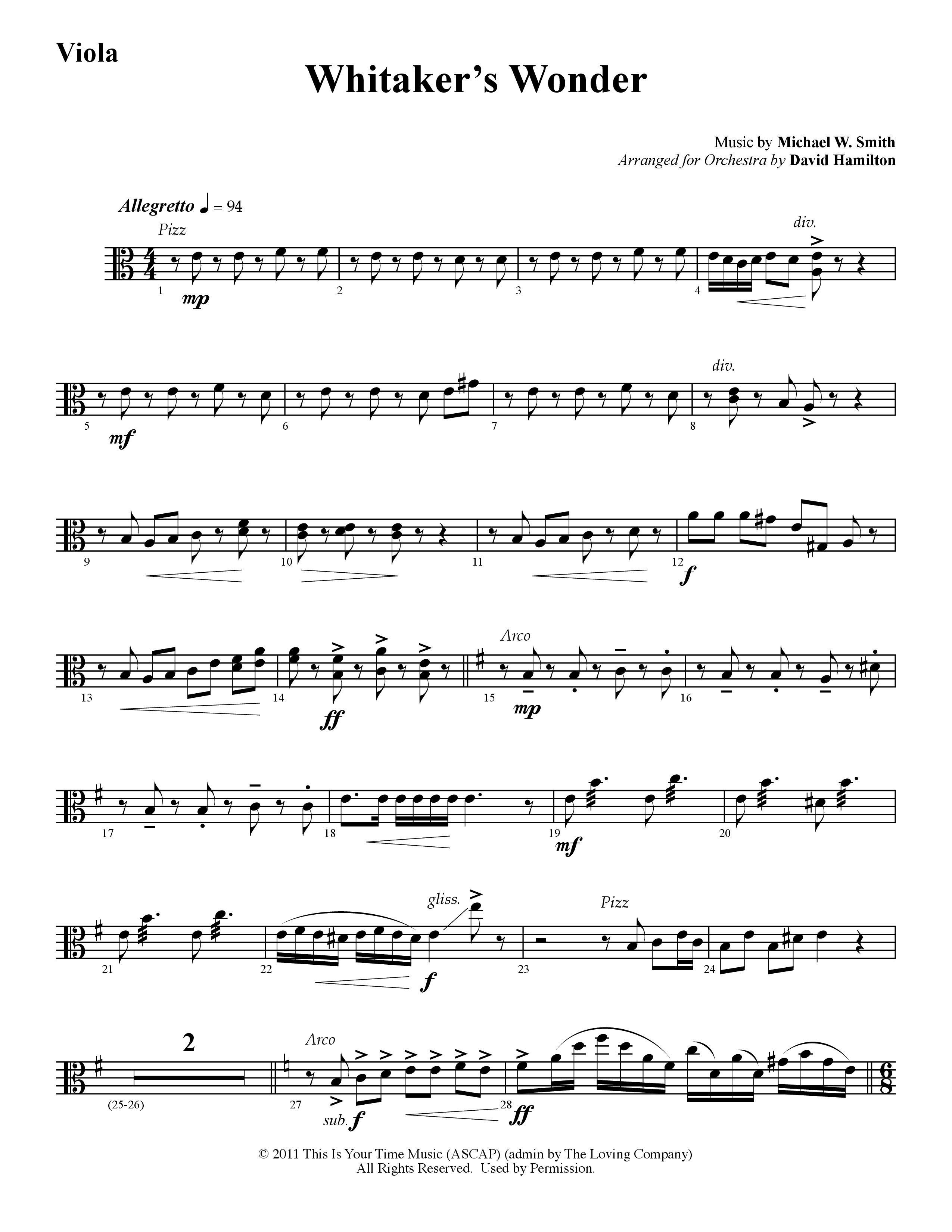 Whitaker's Wonder (Instrumental) Viola (Word Music / Arr. David Hamilton)
