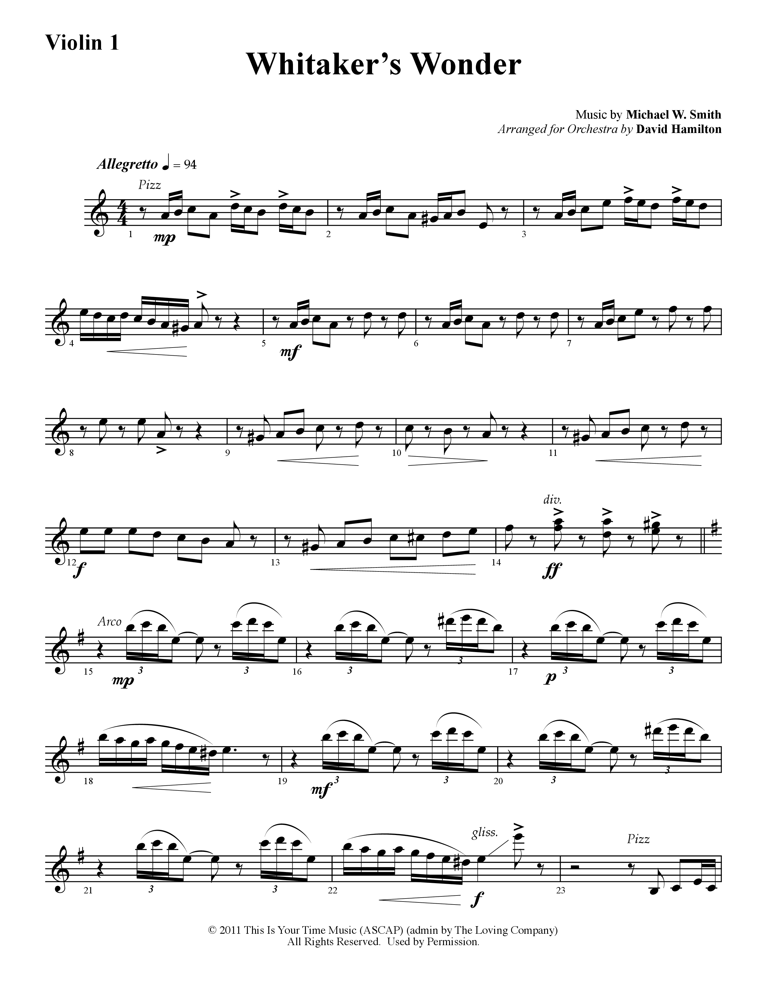 Whitaker's Wonder (Instrumental) Violin 1 (Word Music / Arr. David Hamilton)