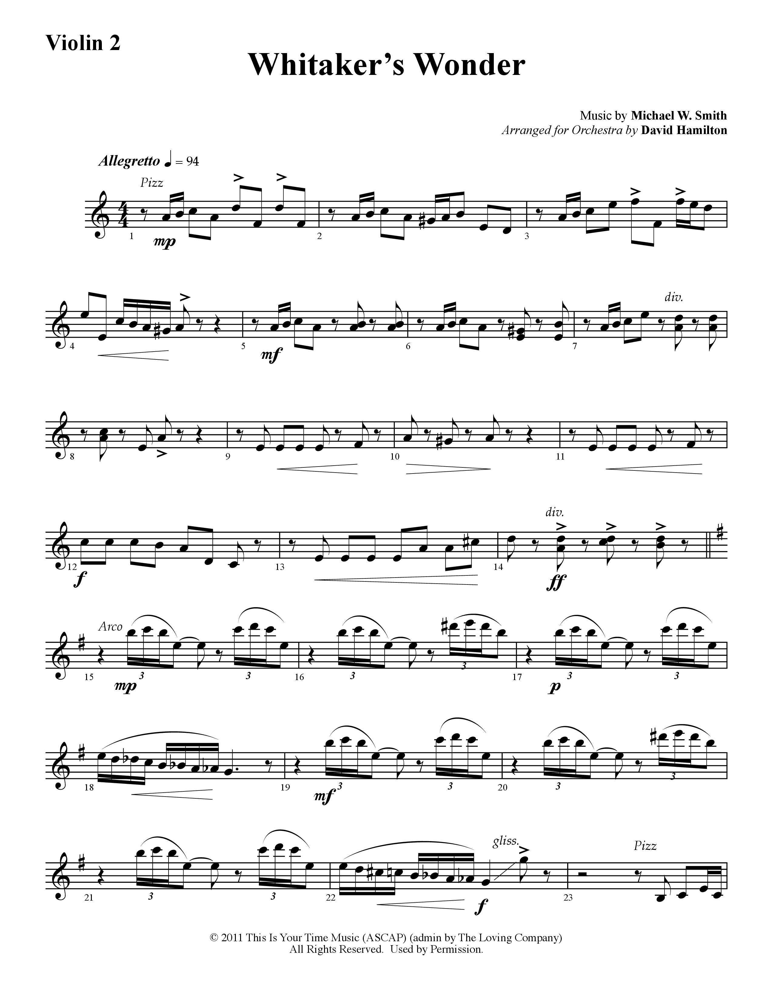 Whitaker's Wonder (Instrumental) Violin 2 (Word Music / Arr. David Hamilton)