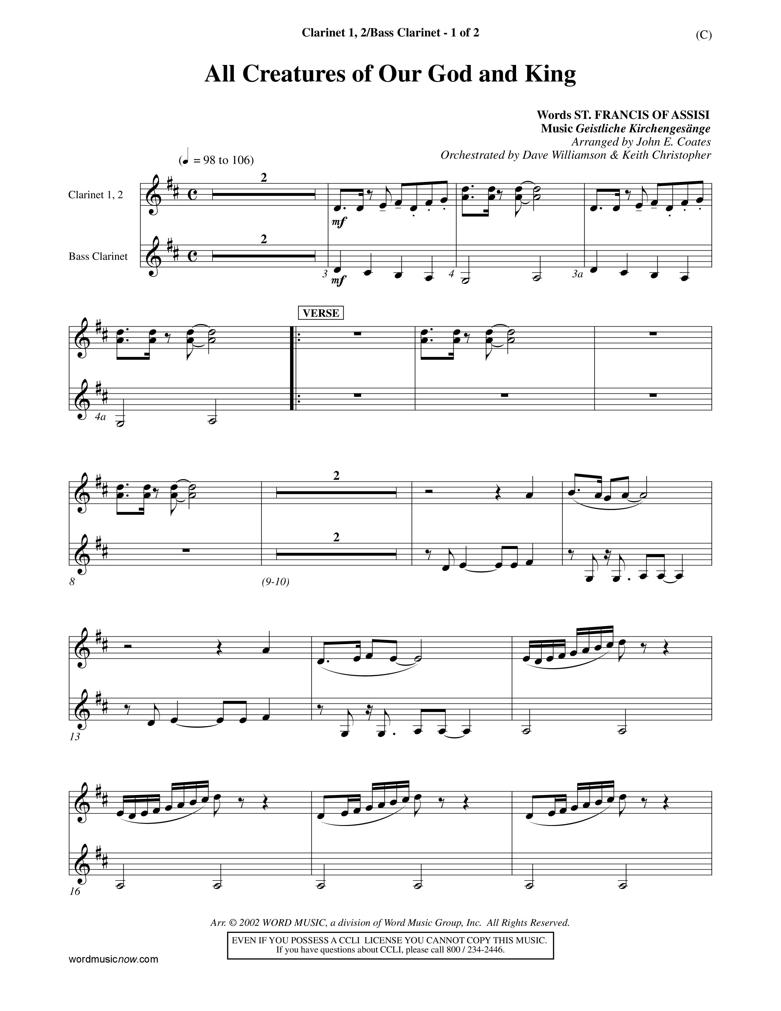 All Creatures Of Our God And King (Choral Anthem SATB) Clarinet 1/2, Bass Clarinet (Word Music / Arr. John E. Coates / Orch. Dave Williamson / Orch. Keith Christopher)