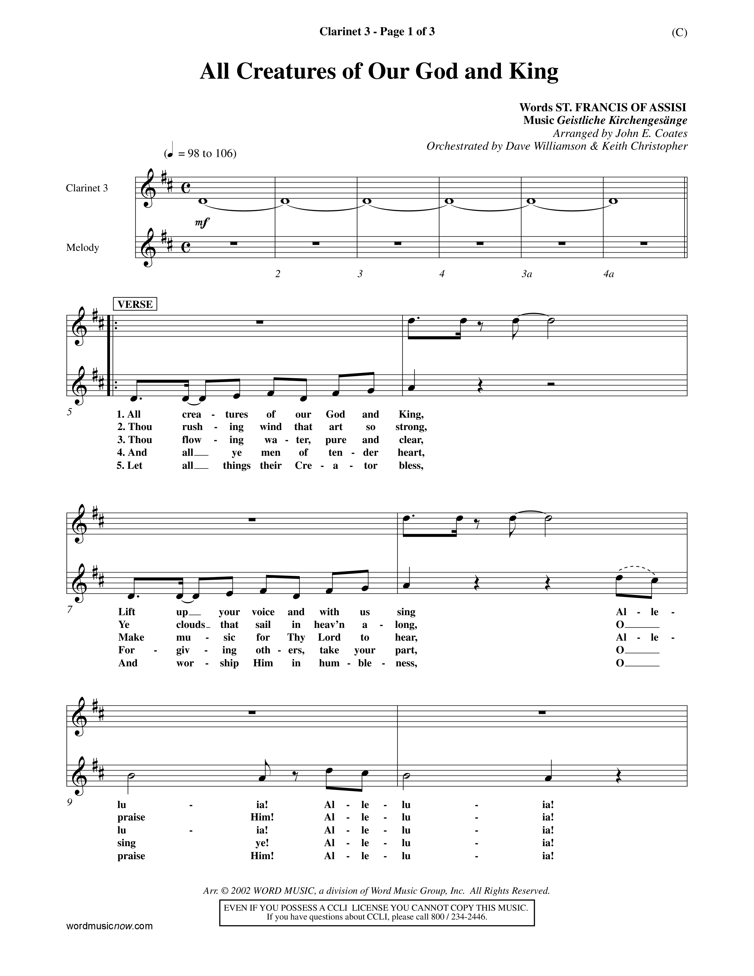 All Creatures Of Our God And King (Choral Anthem SATB) Clarinet 3 (Word Music / Arr. John E. Coates / Orch. Dave Williamson / Orch. Keith Christopher)