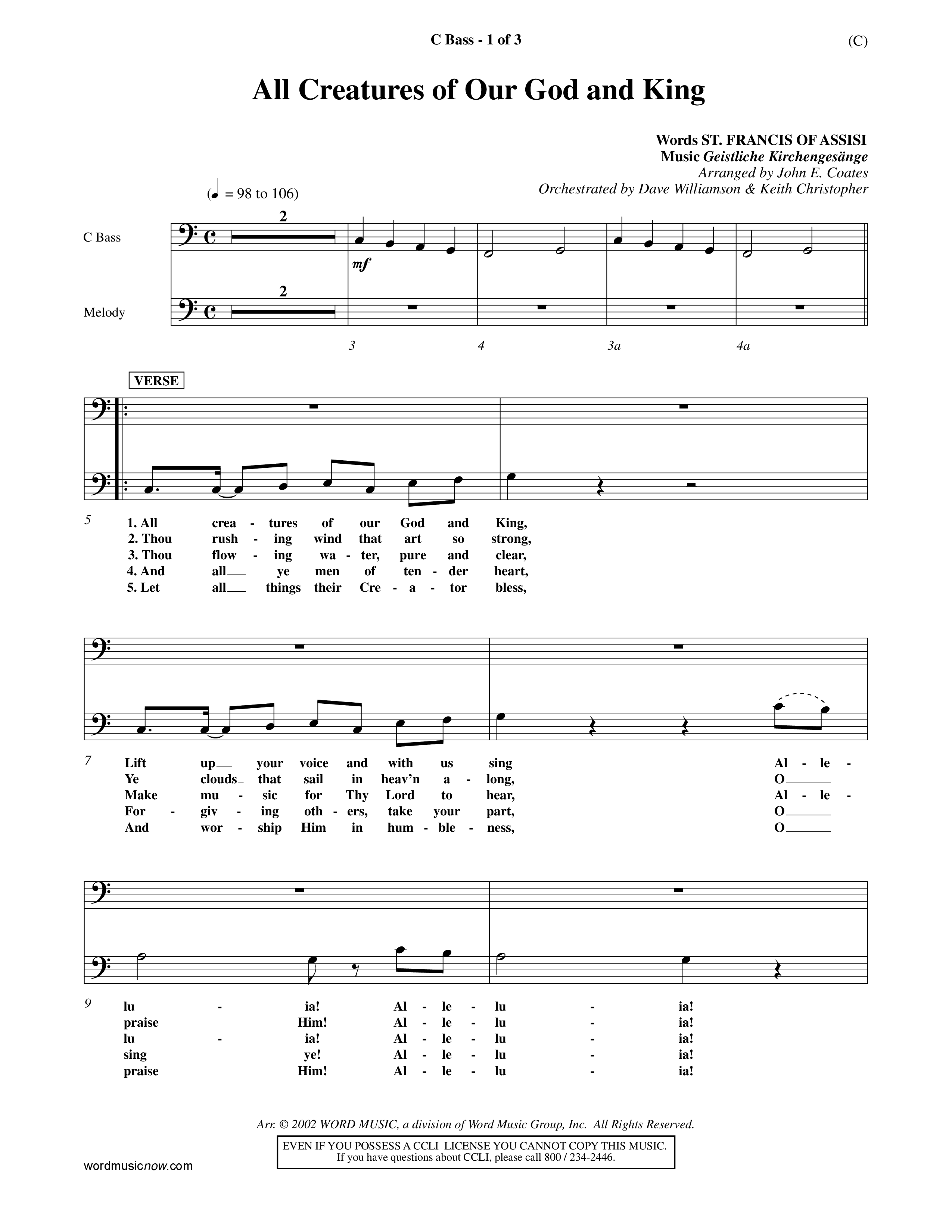 All Creatures Of Our God And King (Choral Anthem SATB) Contrabass (Word Music / Arr. John E. Coates / Orch. Dave Williamson / Orch. Keith Christopher)