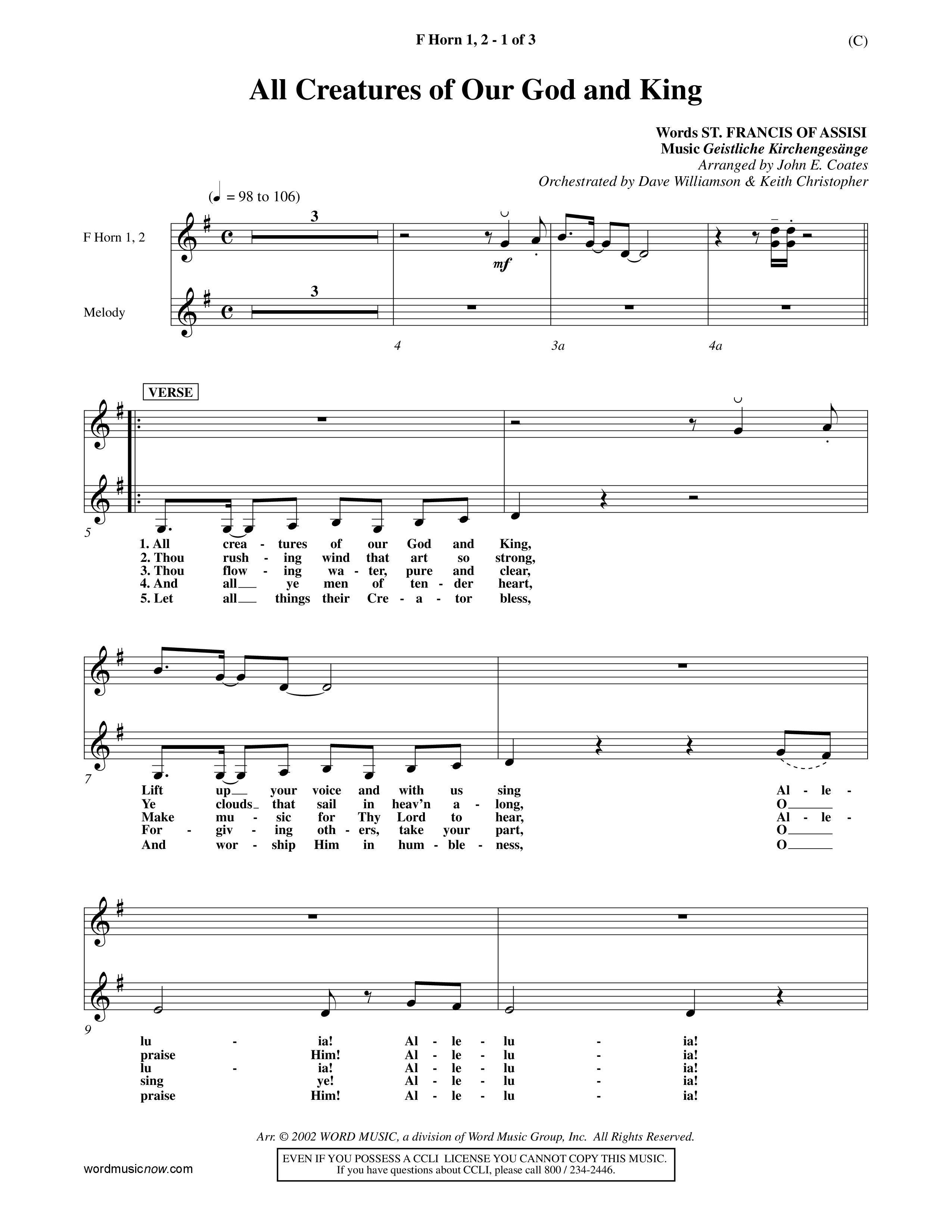 All Creatures Of Our God And King (Choral Anthem SATB) French Horn (Word Music / Arr. John E. Coates / Orch. Dave Williamson / Orch. Keith Christopher)