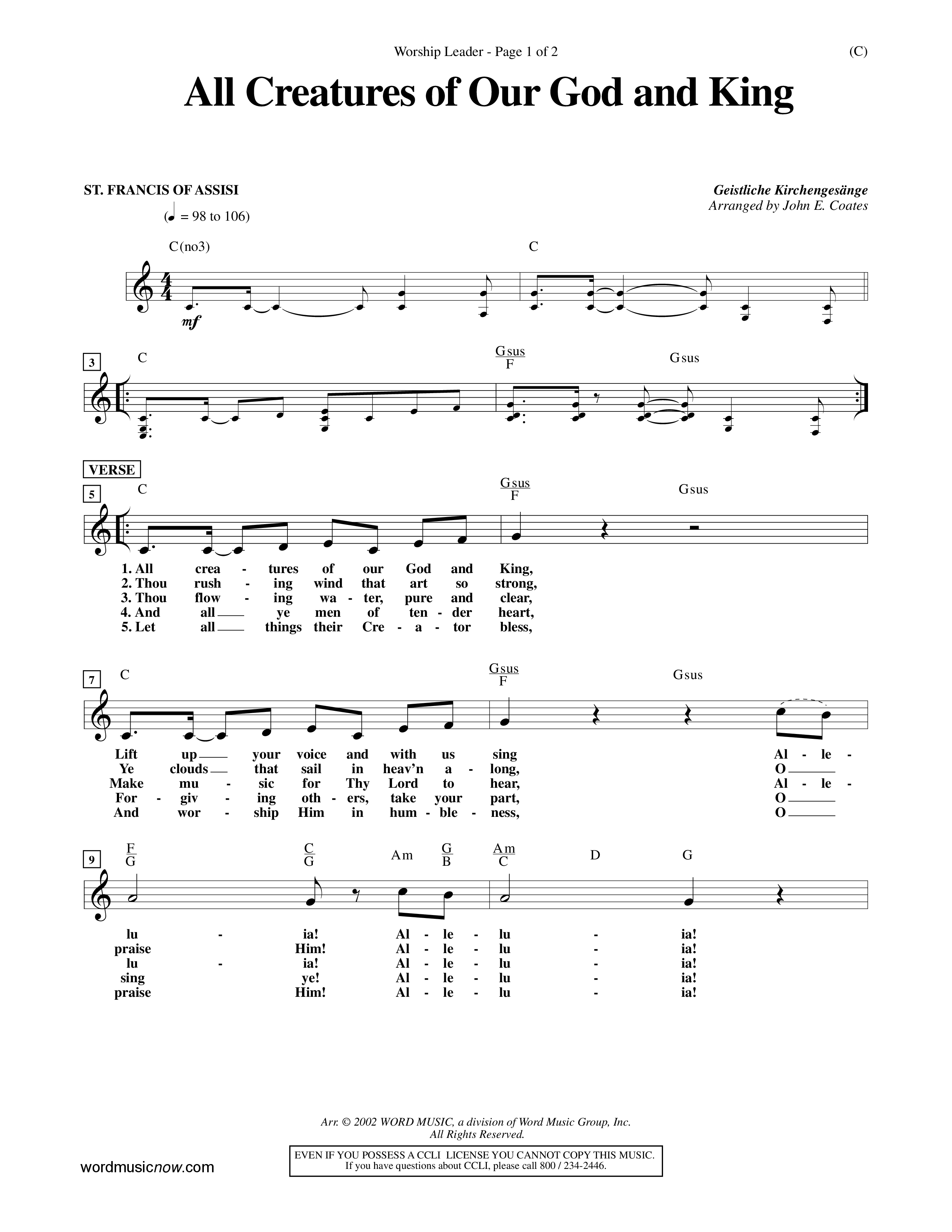 All Creatures Of Our God And King (Choral Anthem SATB) Lead Sheet (Mel) (Word Music / Arr. John E. Coates / Orch. Dave Williamson / Orch. Keith Christopher)
