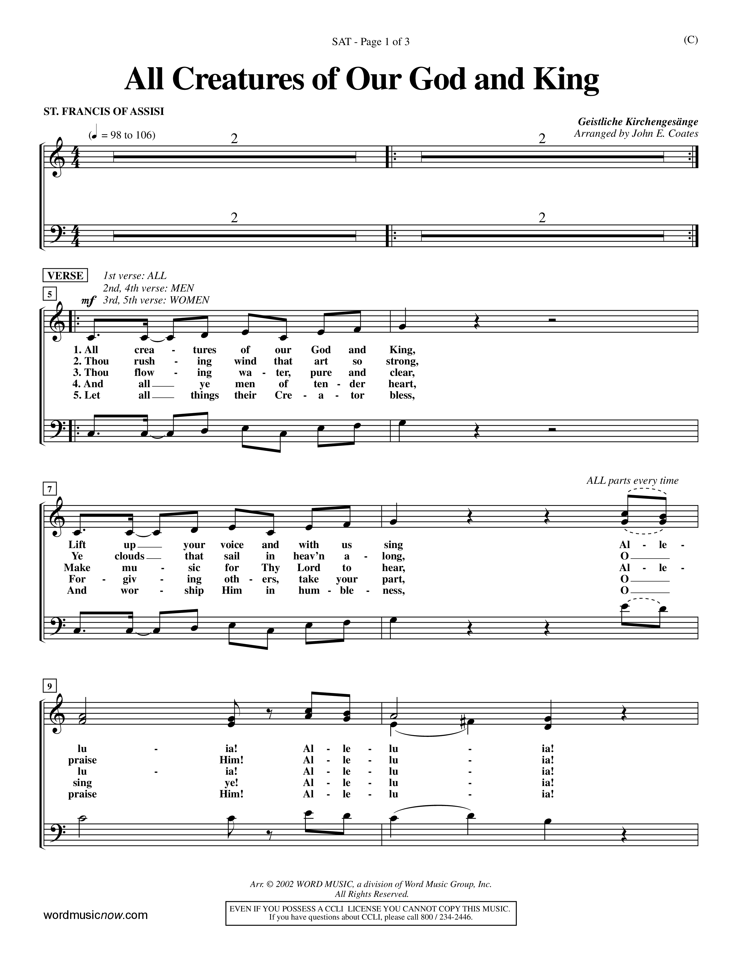 All Creatures Of Our God And King (Choral Anthem SATB) Lead Sheet (SAT) (Word Music / Arr. John E. Coates / Orch. Dave Williamson / Orch. Keith Christopher)