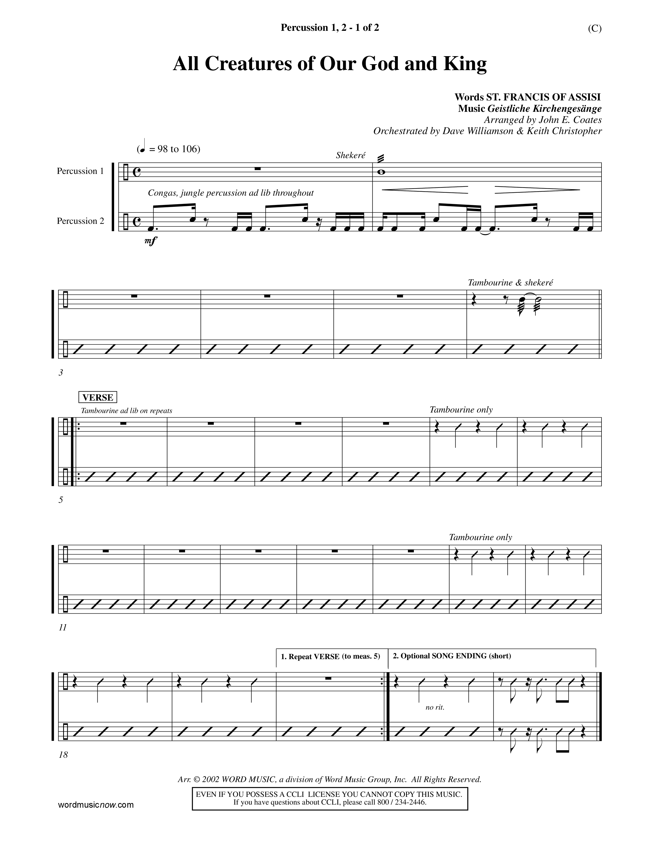 All Creatures Of Our God And King (Choral Anthem SATB) Percussion 1/2 (Word Music / Arr. John E. Coates / Orch. Dave Williamson / Orch. Keith Christopher)