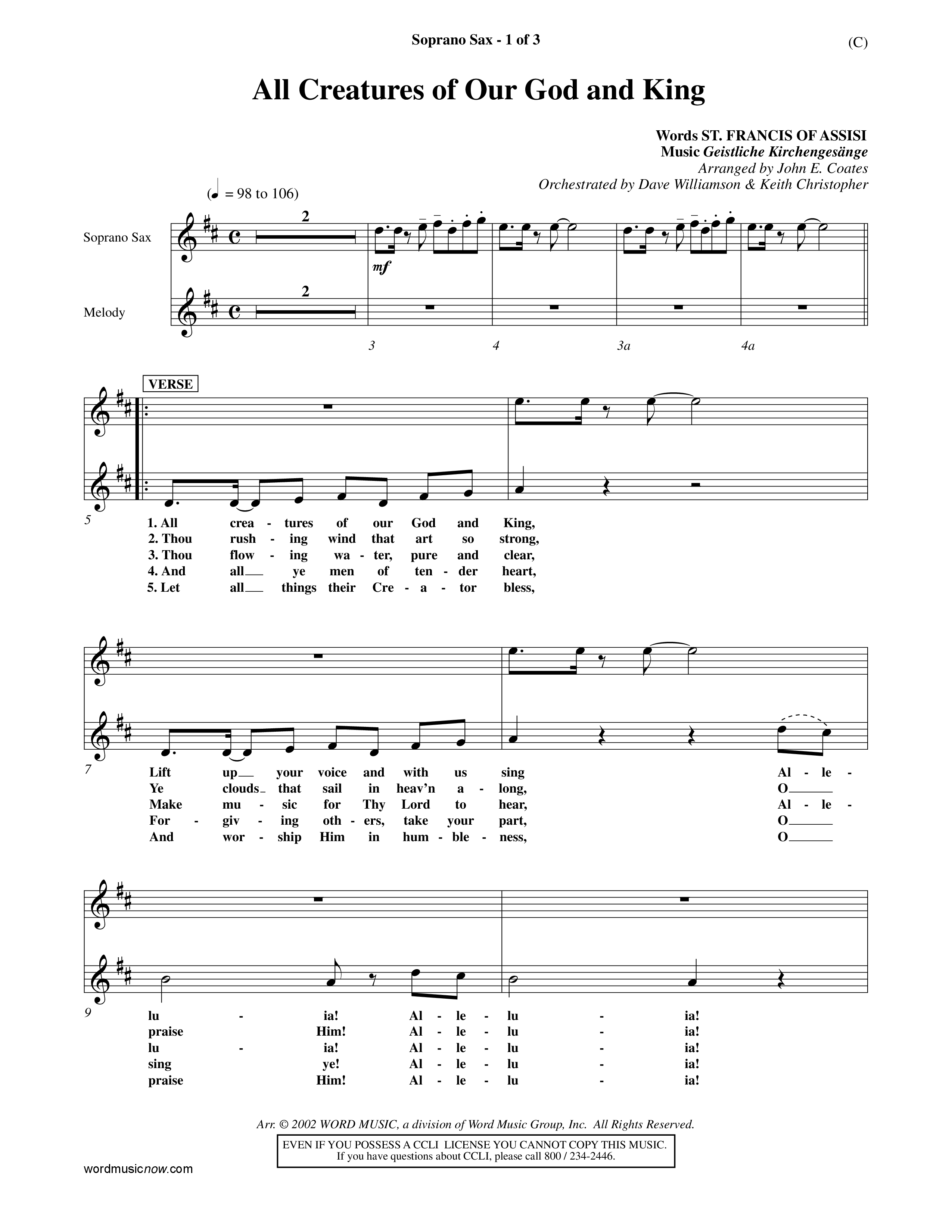 All Creatures Of Our God And King (Choral Anthem SATB) Saxophone (Word Music / Arr. John E. Coates / Orch. Dave Williamson / Orch. Keith Christopher)