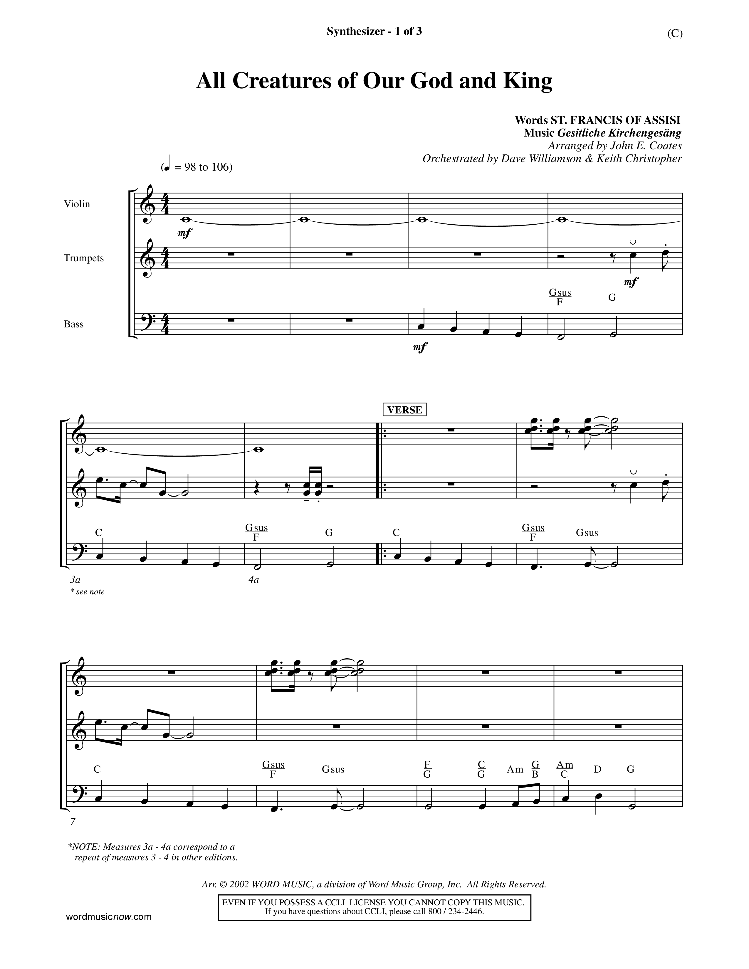 All Creatures Of Our God And King (Choral Anthem SATB) Synth (Word Music / Arr. John E. Coates / Orch. Dave Williamson / Orch. Keith Christopher)