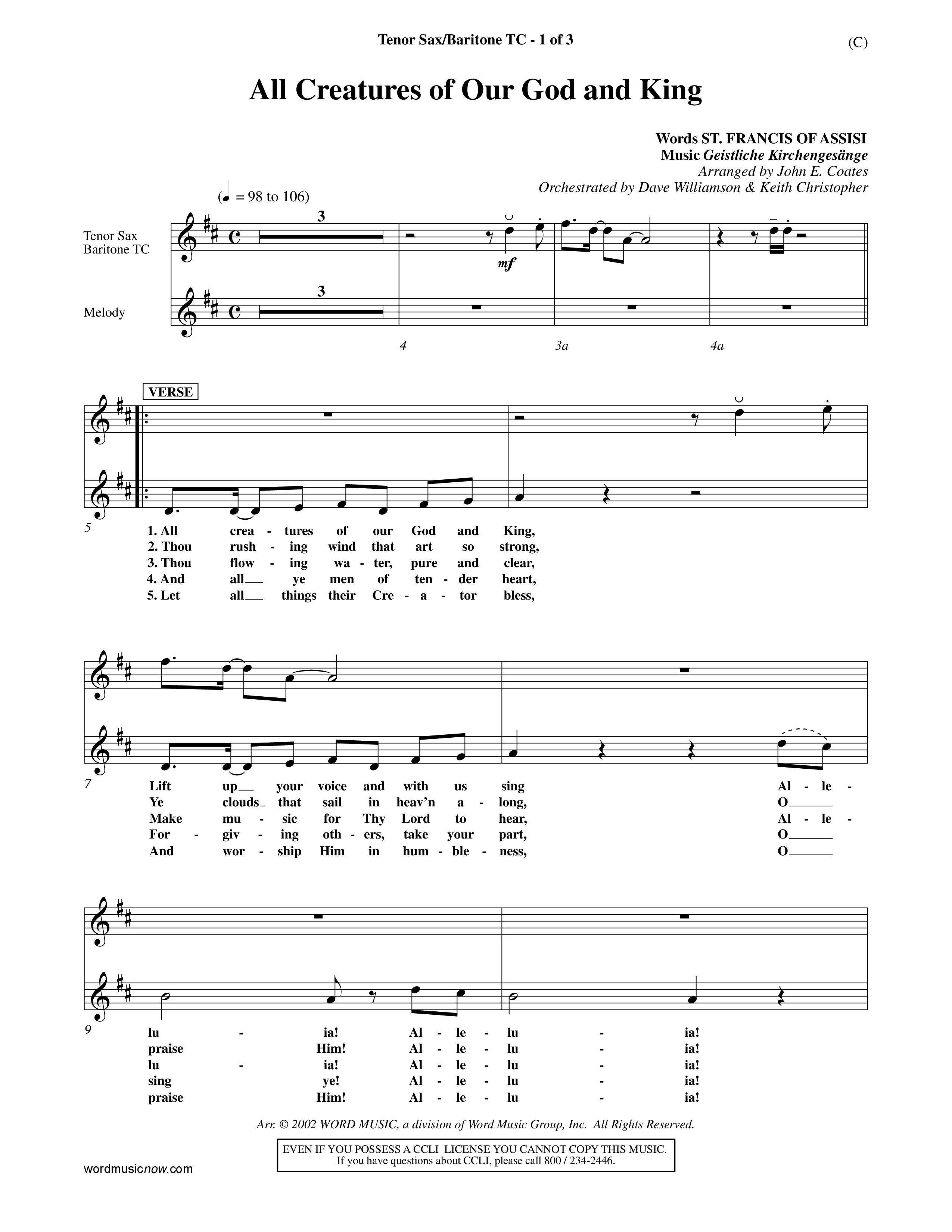 All Creatures Of Our God And King (Choral Anthem SATB) Tenor Sax/Baritone T.C. (Word Music / Arr. John E. Coates / Orch. Dave Williamson / Orch. Keith Christopher)