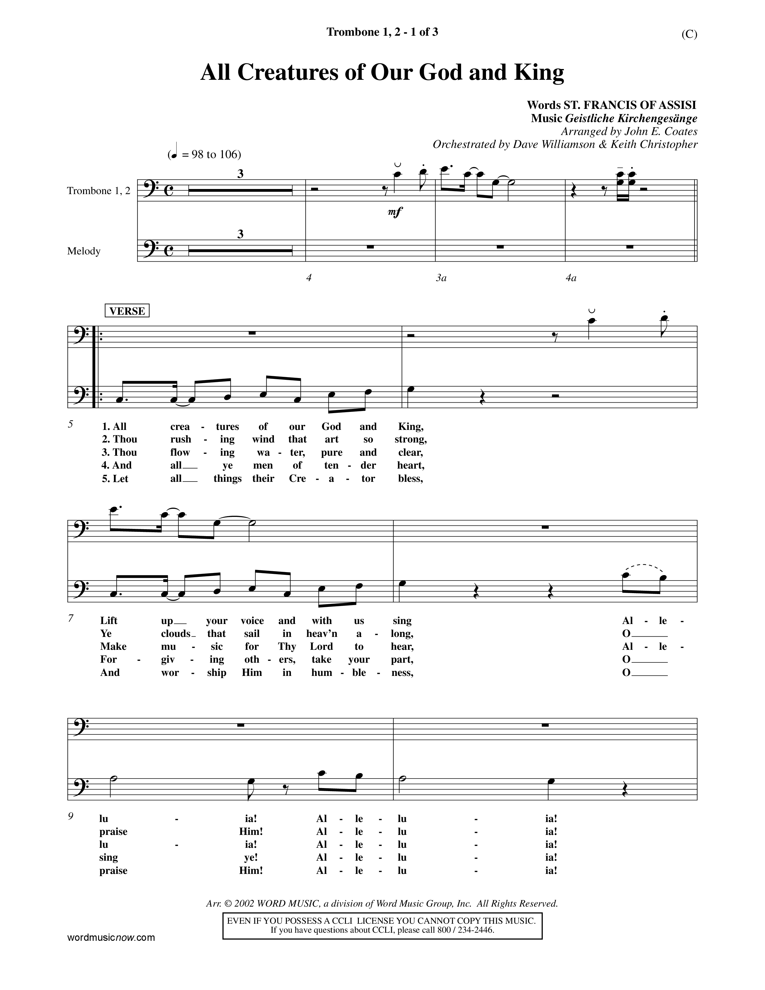 All Creatures Of Our God And King (Choral Anthem SATB) Trombone 1/2 (Word Music / Arr. John E. Coates / Orch. Dave Williamson / Orch. Keith Christopher)