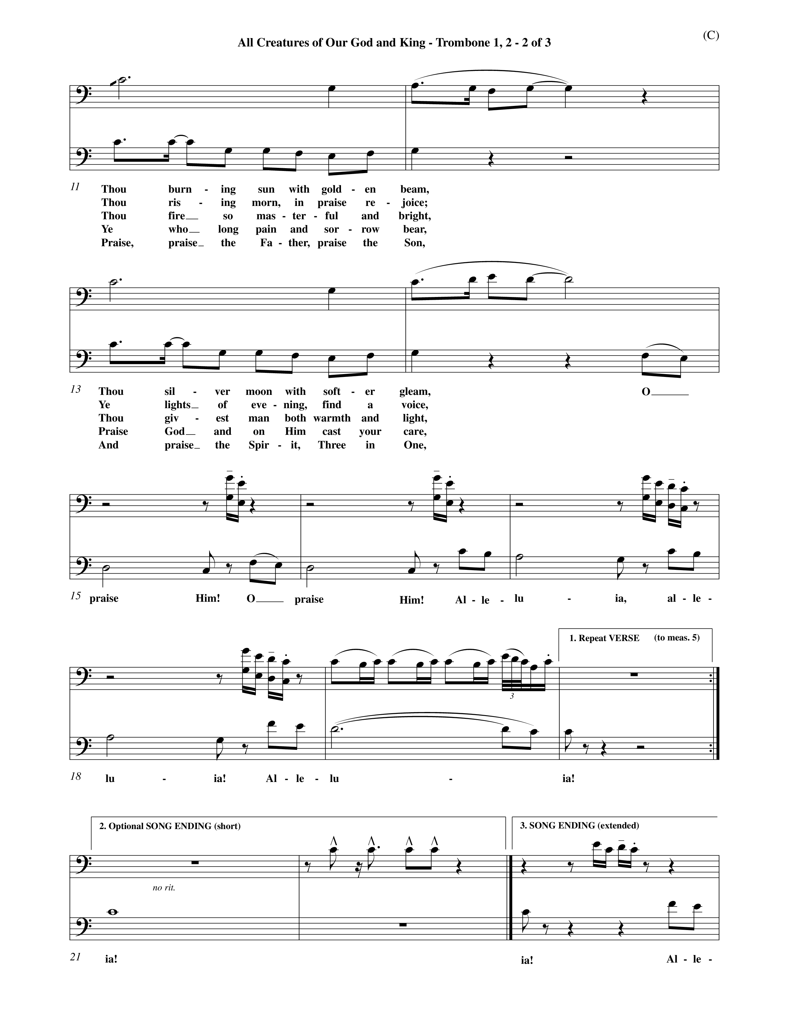 All Creatures Of Our God And King (Choral Anthem SATB) Trombone 1/2 (Word Music / Arr. John E. Coates / Orch. Dave Williamson / Orch. Keith Christopher)
