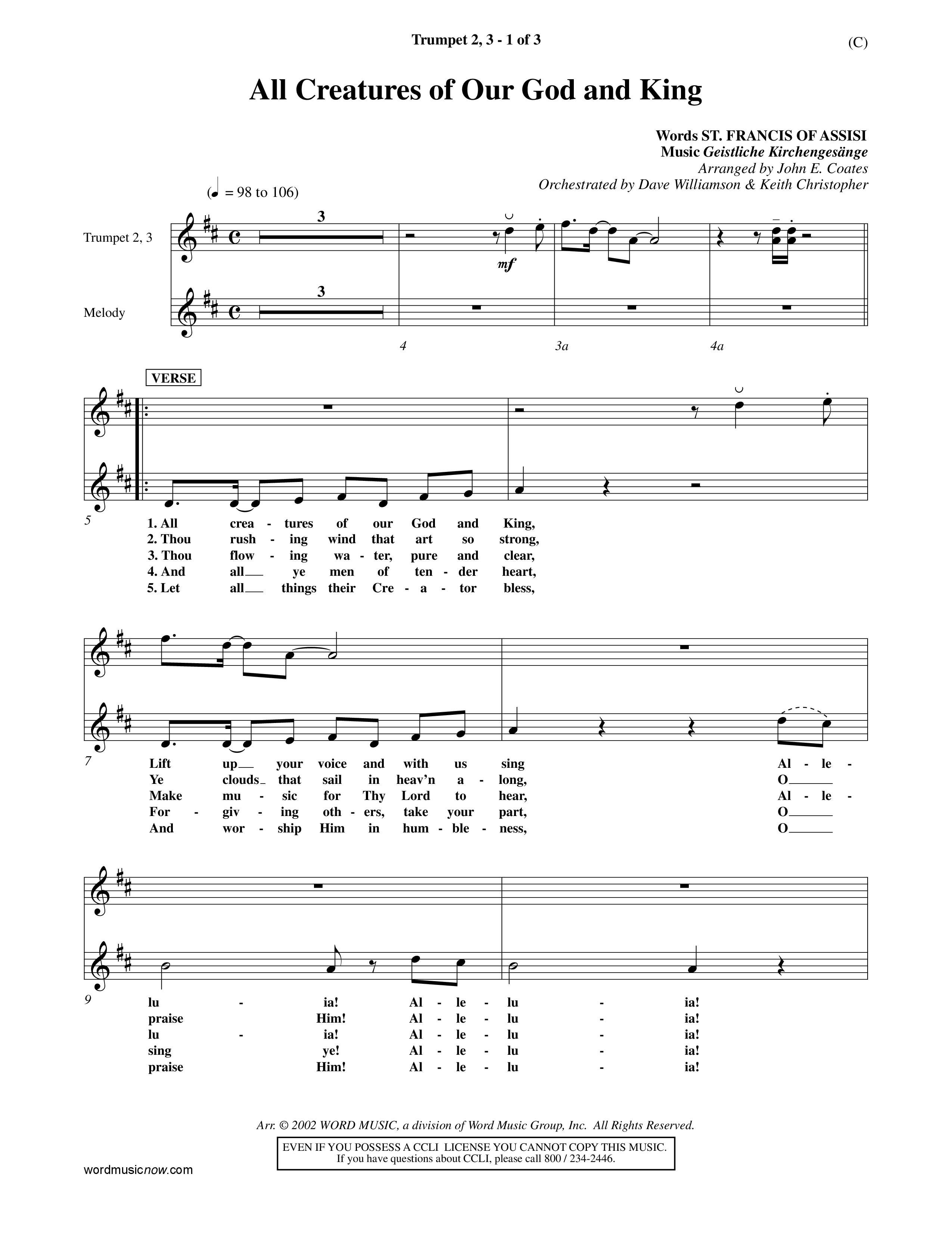 All Creatures Of Our God And King (Choral Anthem SATB) Trumpet 2/3 (Word Music / Arr. John E. Coates / Orch. Dave Williamson / Orch. Keith Christopher)