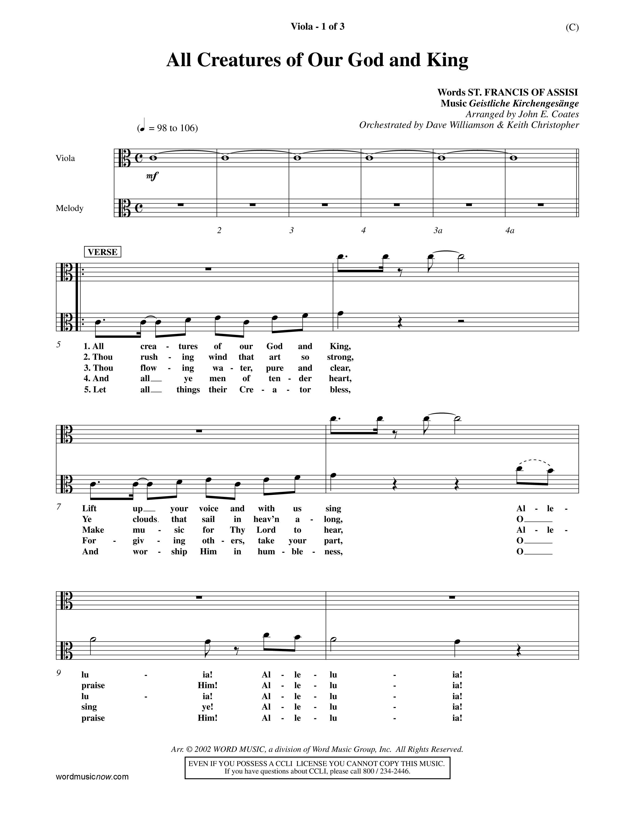 All Creatures Of Our God And King (Choral Anthem SATB) Viola (Word Music / Arr. John E. Coates / Orch. Dave Williamson / Orch. Keith Christopher)