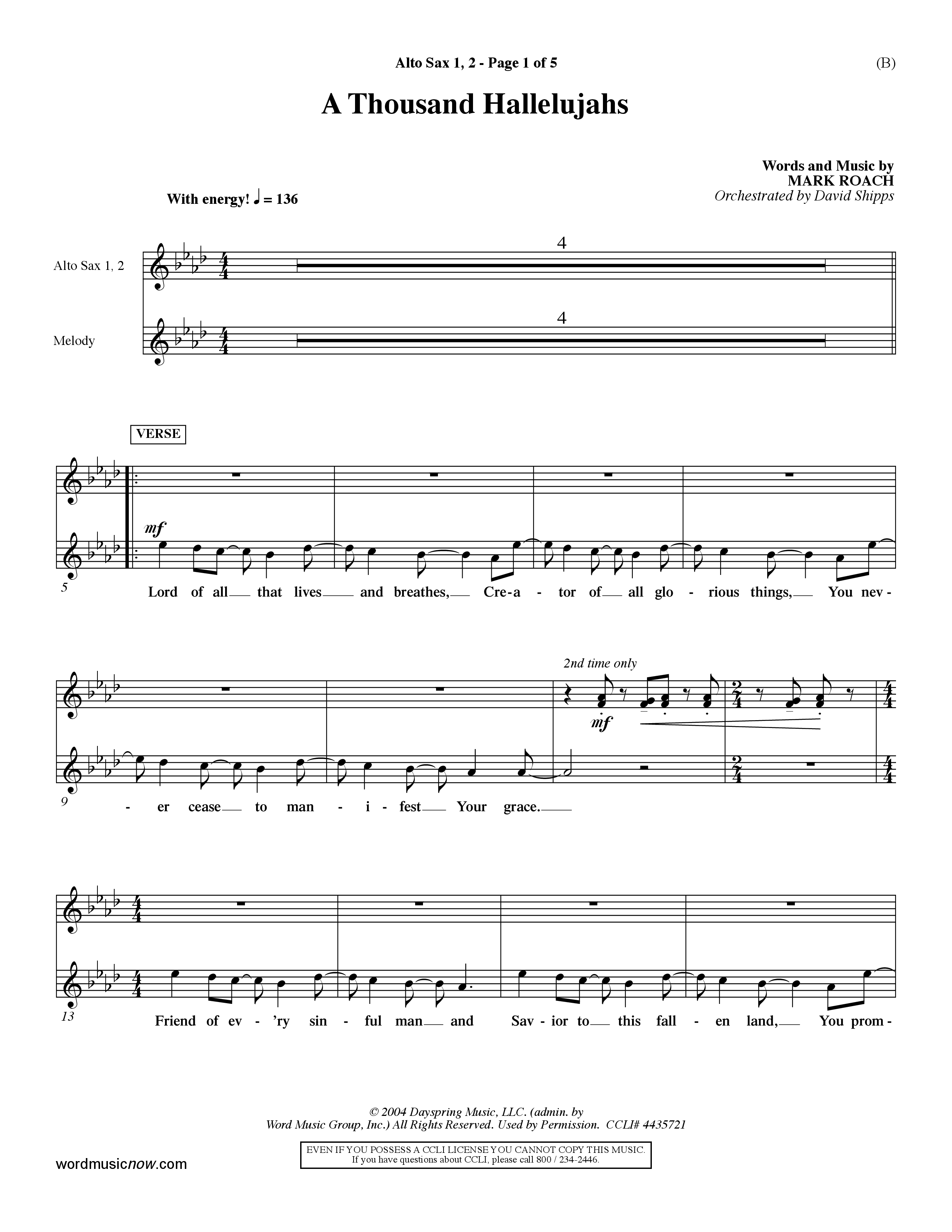 A Thousand Hallelujahs (Choral Anthem SATB) Alto Sax 1/2 (Word Music Choral / Arr. David Shipps)