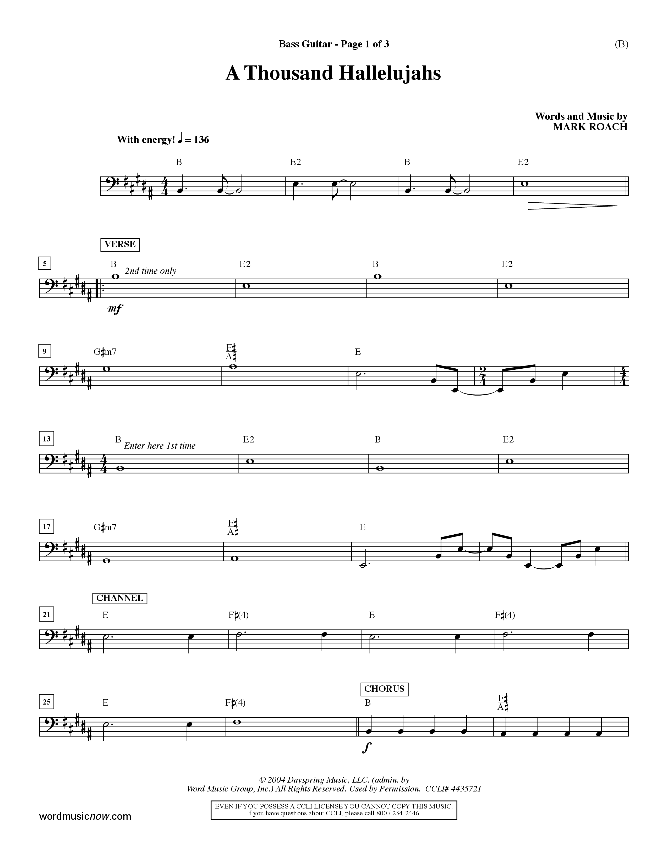 A Thousand Hallelujahs (Choral Anthem SATB) Bass Guitar (Word Music Choral / Arr. David Shipps)