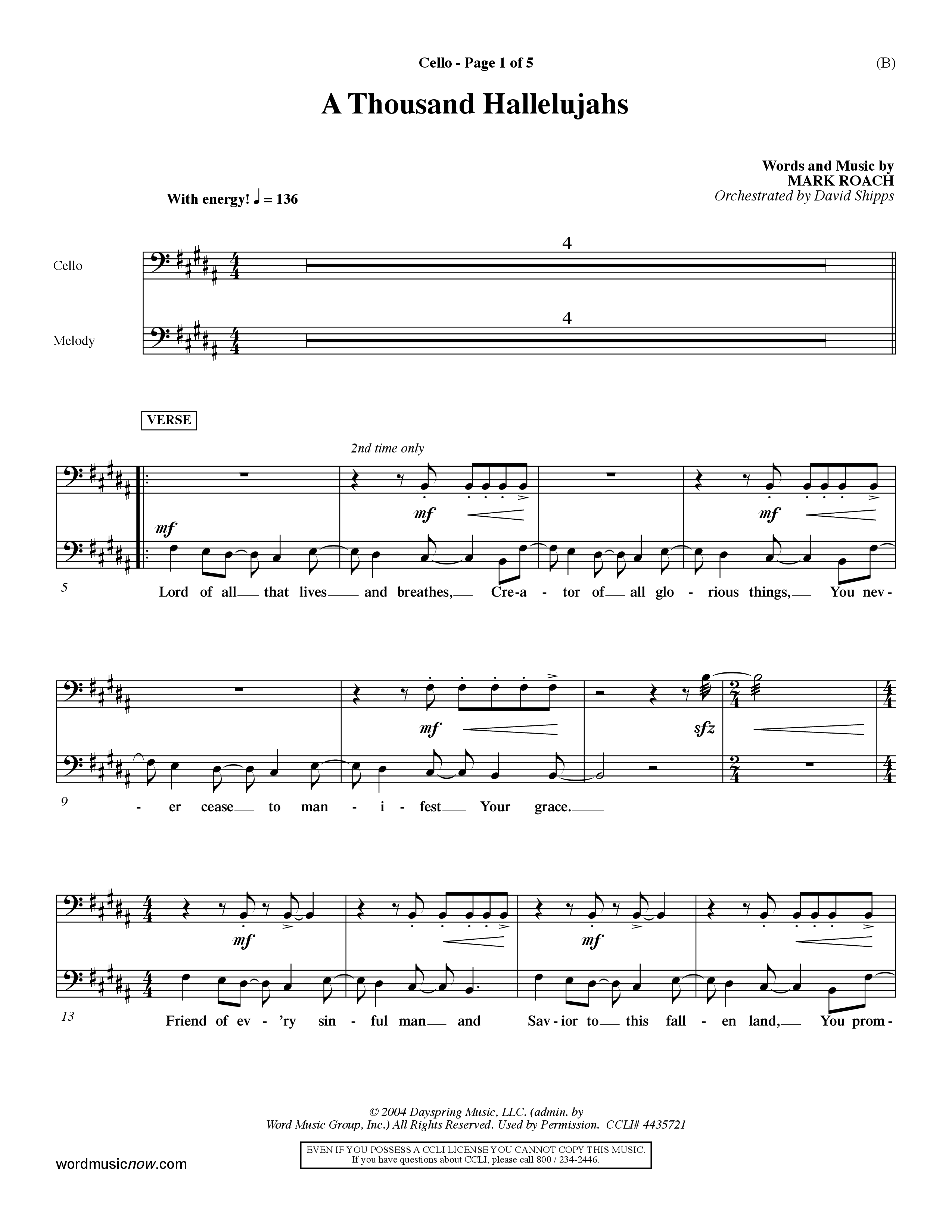 A Thousand Hallelujahs (Choral Anthem SATB) Cello (Word Music Choral / Arr. David Shipps)