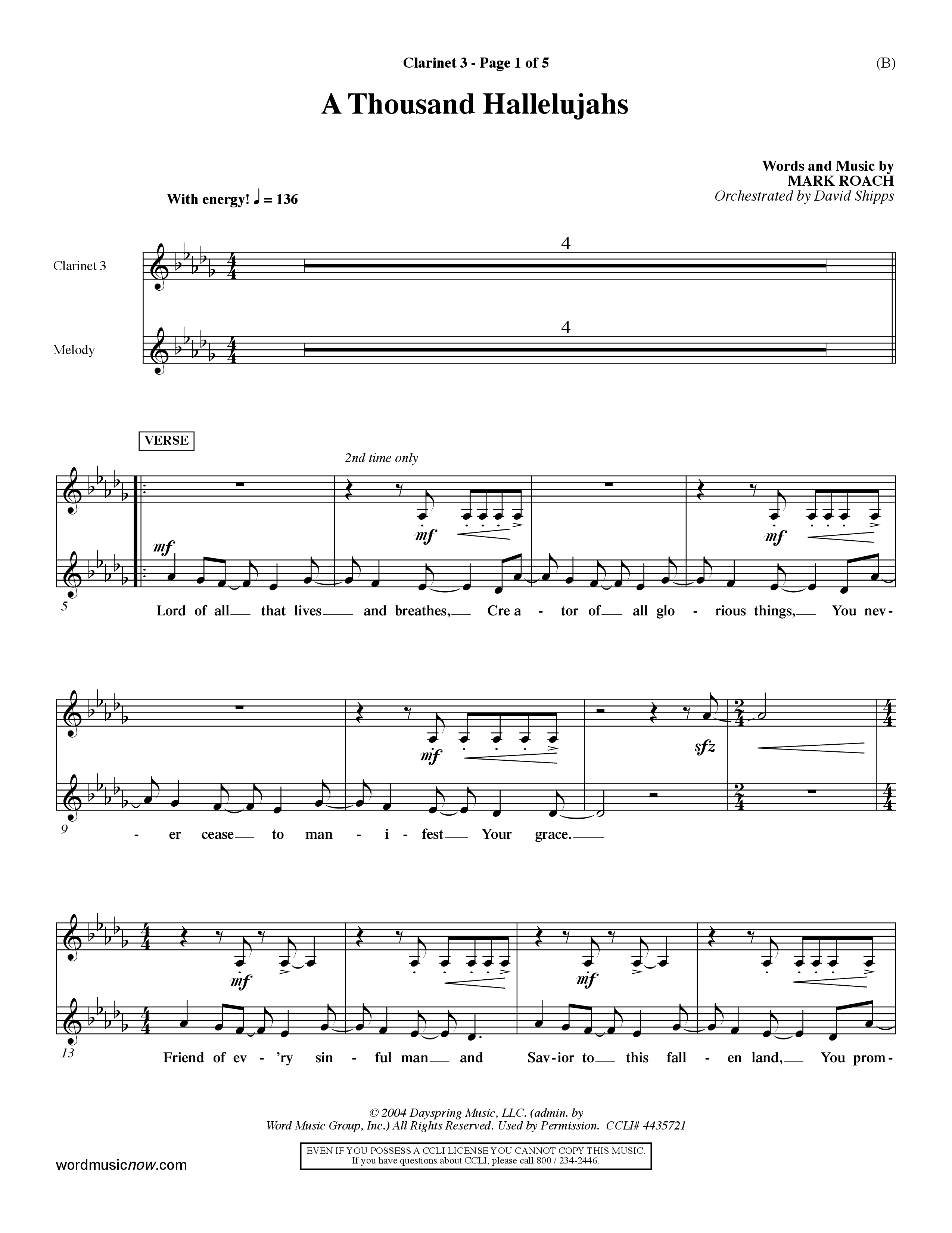 A Thousand Hallelujahs (Choral Anthem SATB) Clarinet 3 (Word Music Choral / Arr. David Shipps)