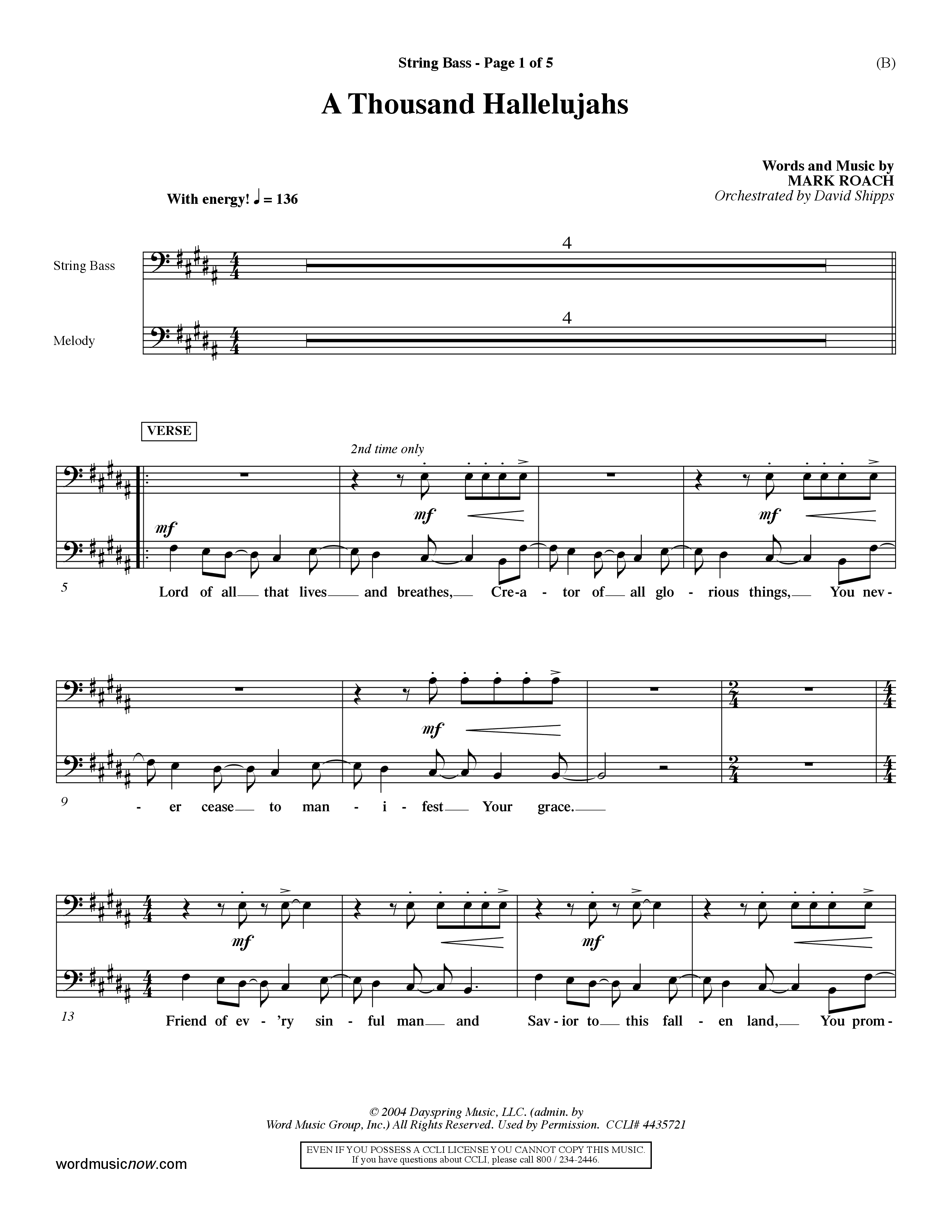 A Thousand Hallelujahs (Choral Anthem SATB) Contrabass (Word Music Choral / Arr. David Shipps)