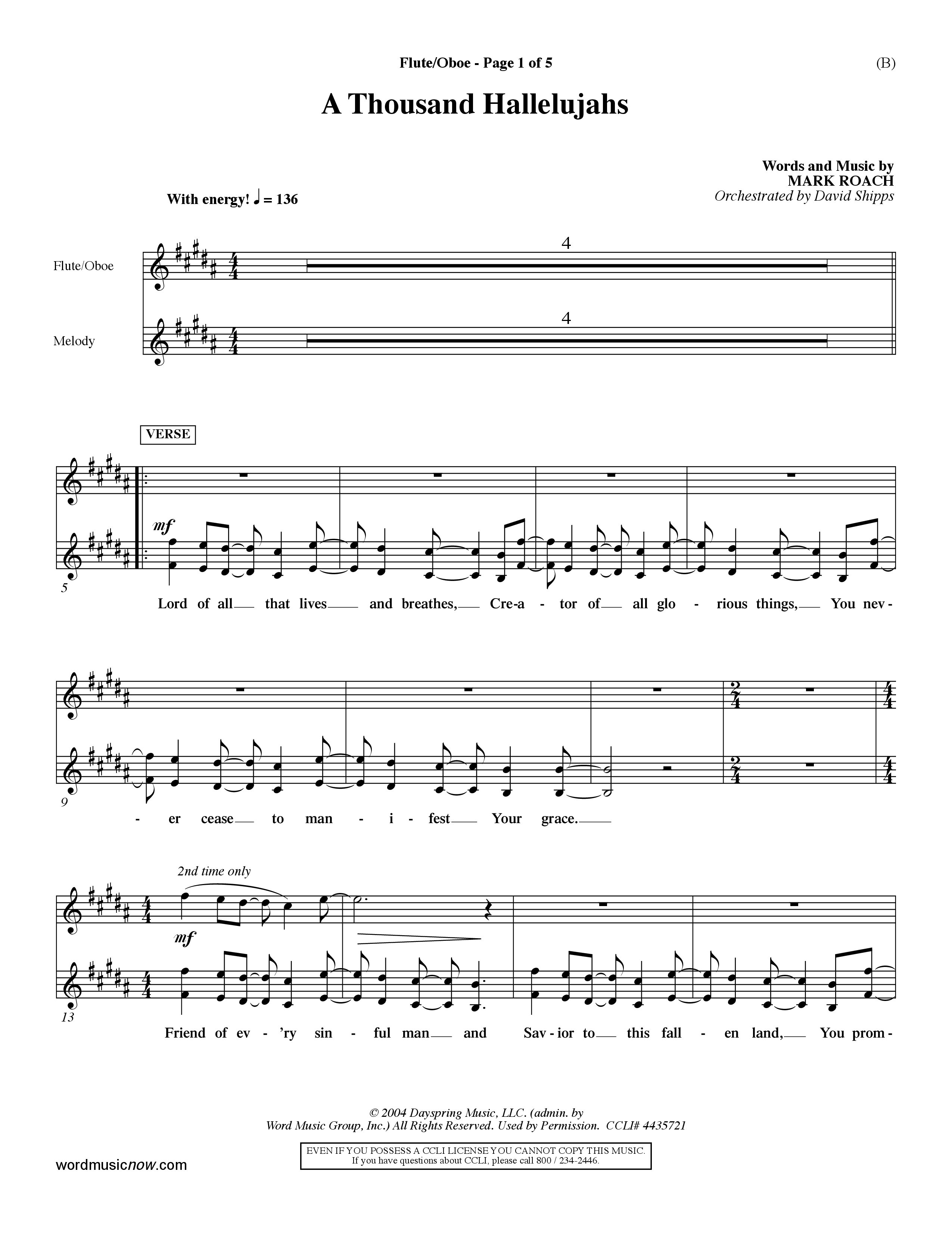 A Thousand Hallelujahs (Choral Anthem SATB) Flute/Oboe (Word Music Choral / Arr. David Shipps)