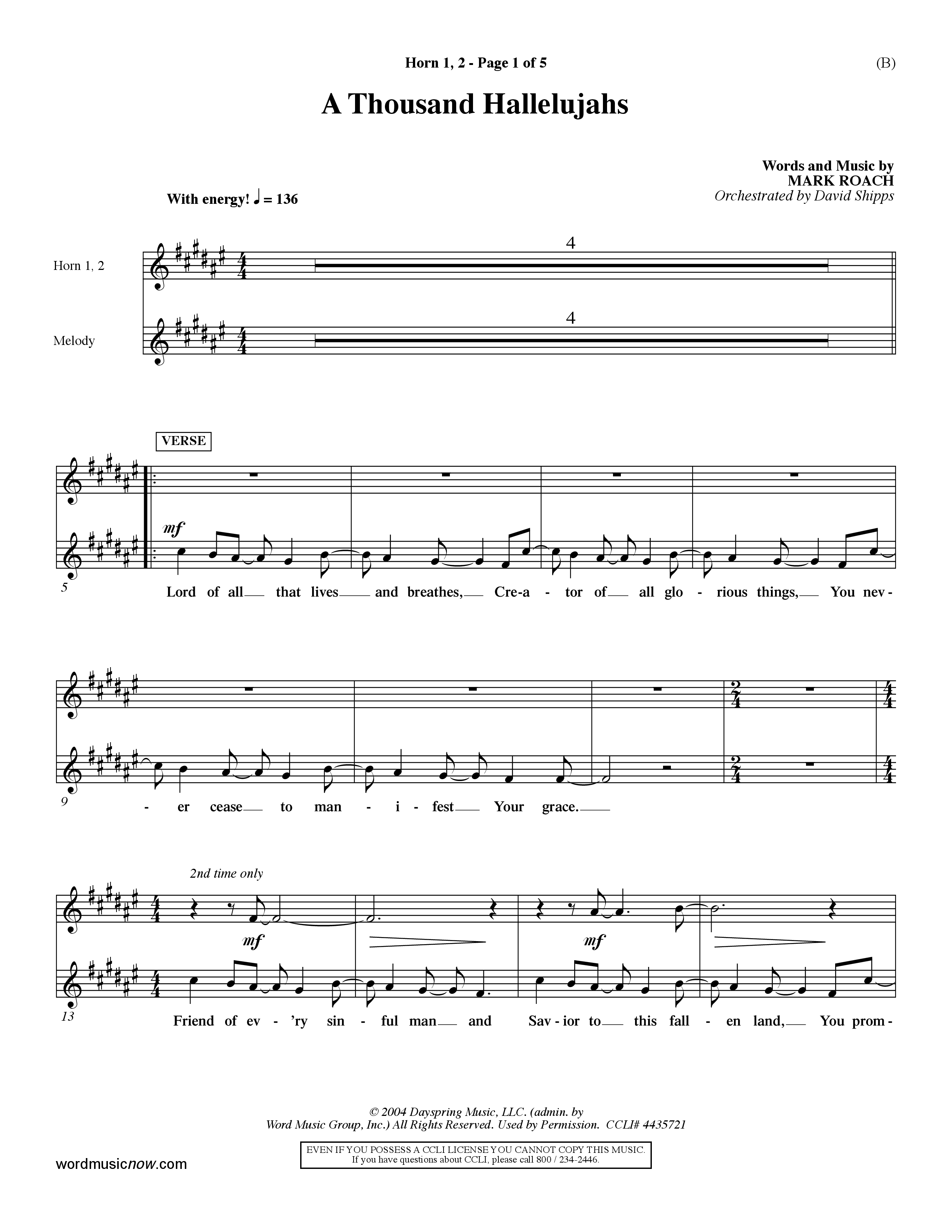 A Thousand Hallelujahs (Choral Anthem SATB) French Horn (Word Music Choral / Arr. David Shipps)