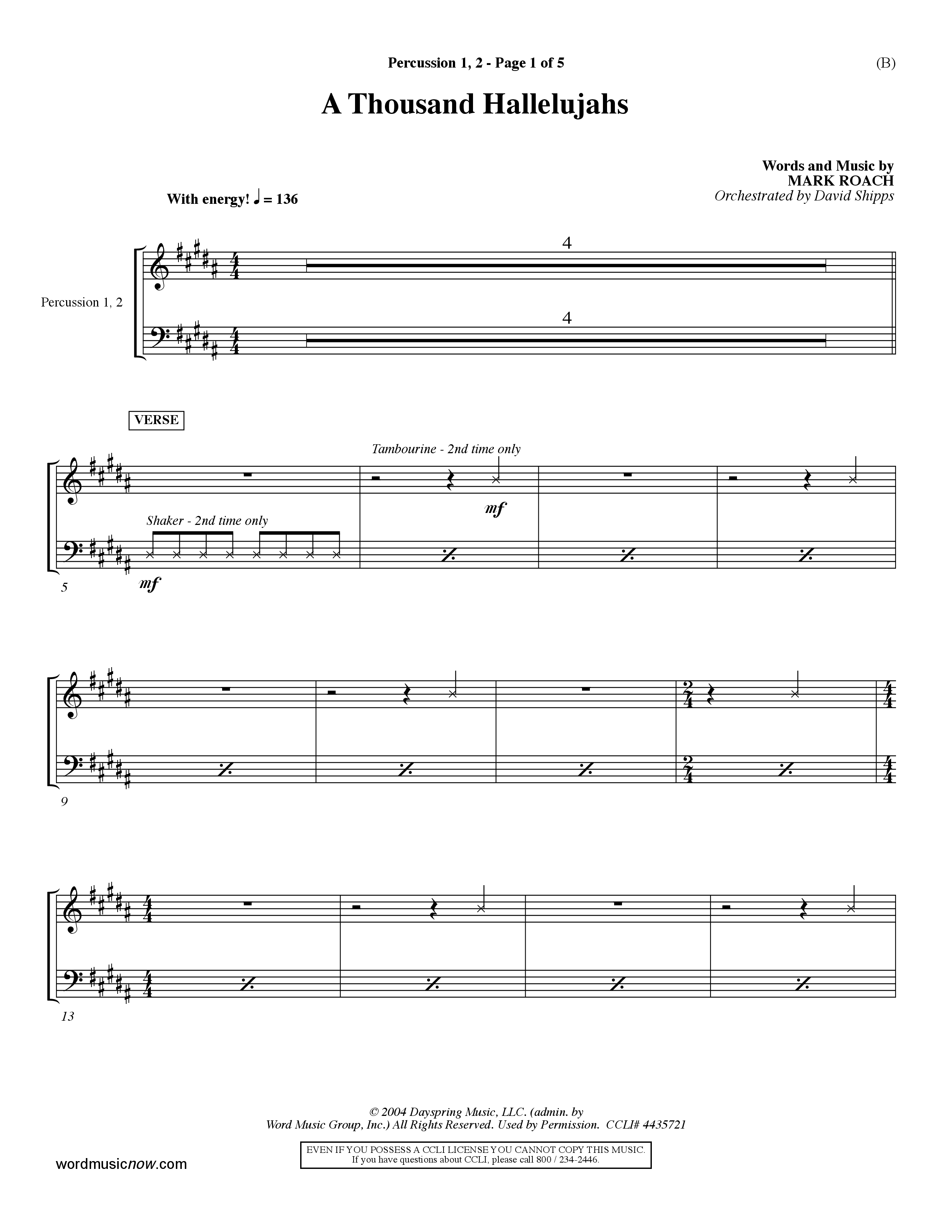 A Thousand Hallelujahs (Choral Anthem SATB) Percussion 1/2 (Word Music Choral / Arr. David Shipps)