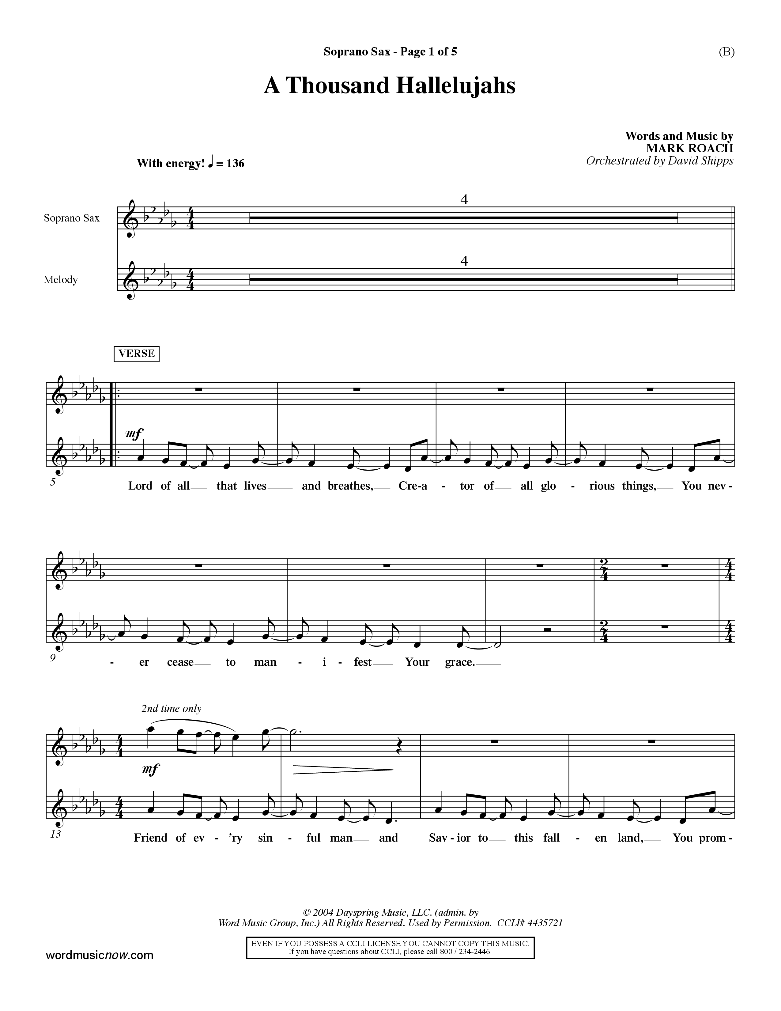 A Thousand Hallelujahs (Choral Anthem SATB) Saxophone (Word Music Choral / Arr. David Shipps)